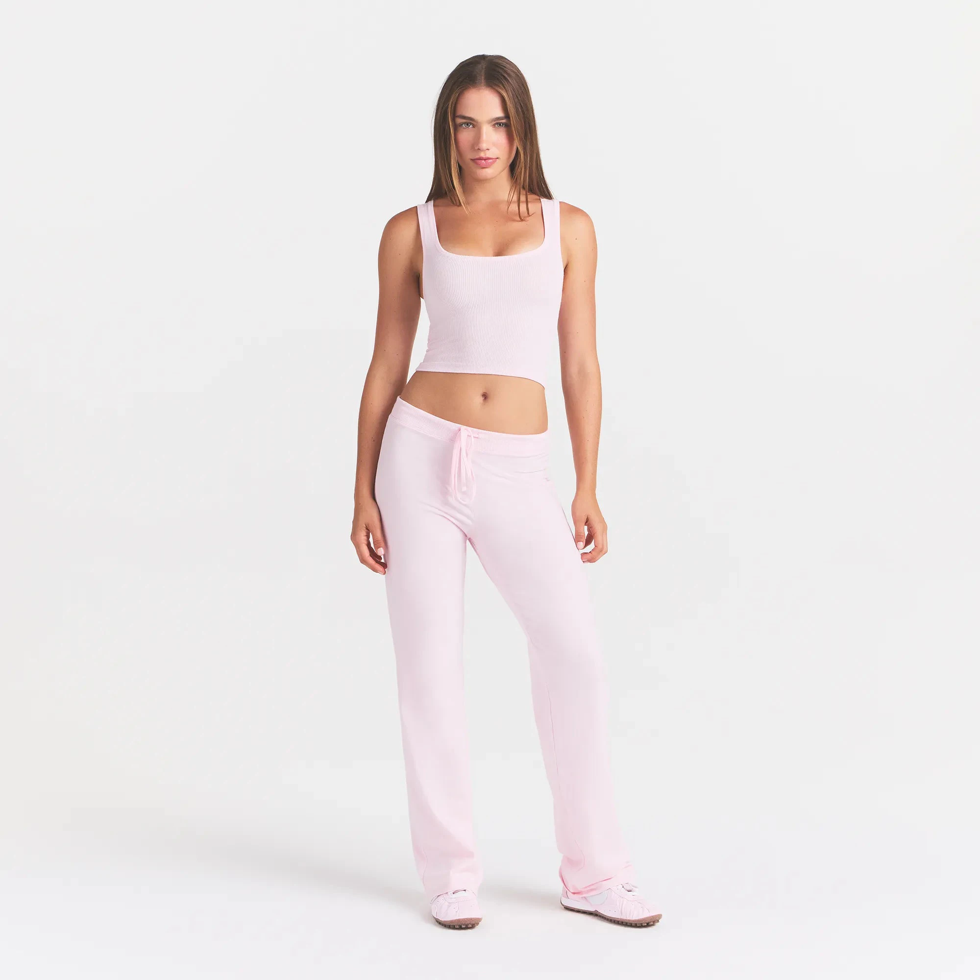 COTTON JERSEY STRAIGHT LEG PANT | CHERRY BLOSSOM ON A MODEL FRONT VIEW @ | FOCUS: 0.0, 1.0, 0.9