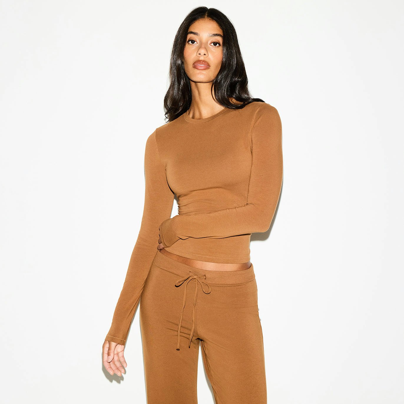 COTTON JERSEY STRAIGHT LEG PANT | CHAI ON A MODEL FRONT VIEW @ | FOCUS: 0.0, 1.0, 0.9