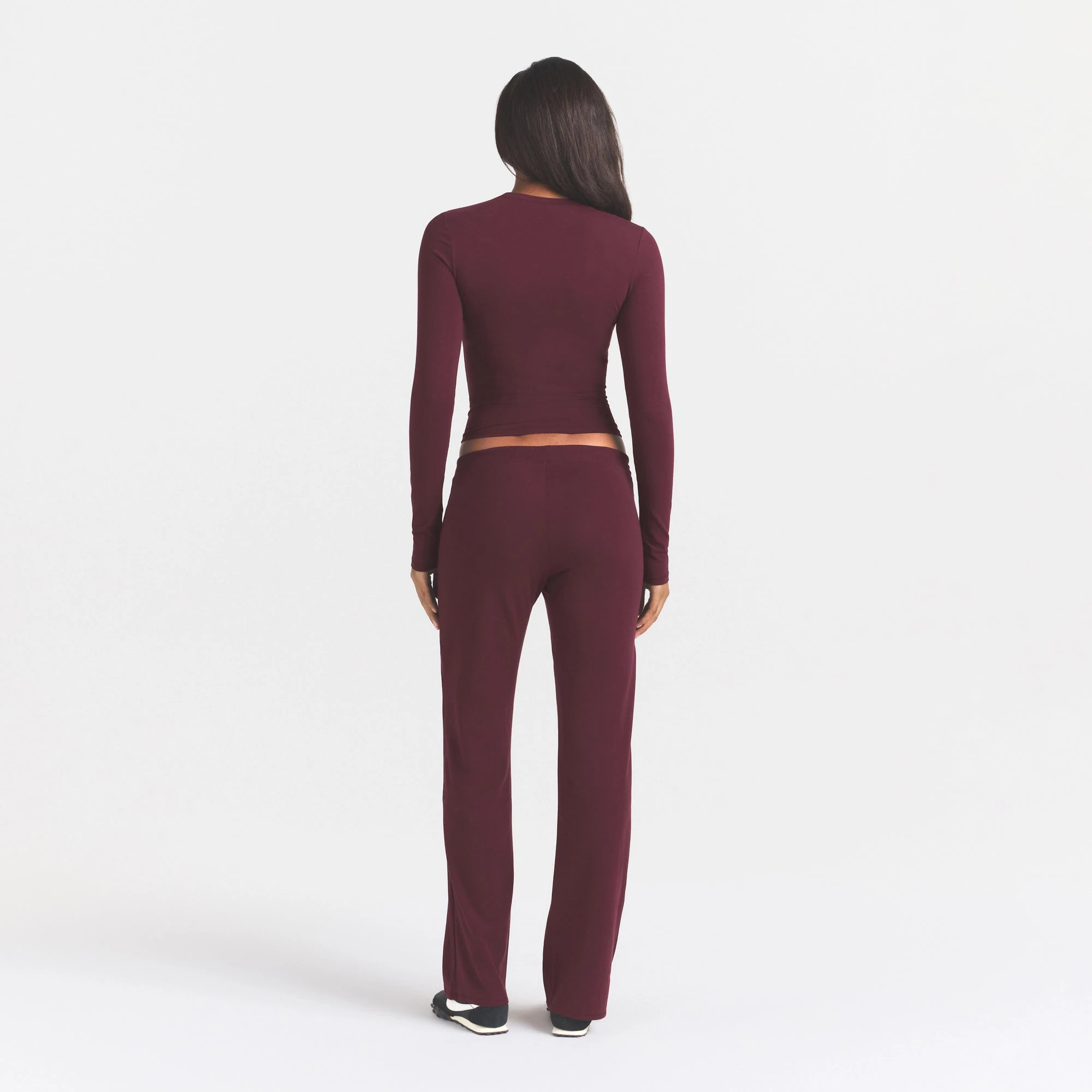 COTTON JERSEY STRAIGHT LEG PANT | CURRANT ON A MODEL BACK VIEW