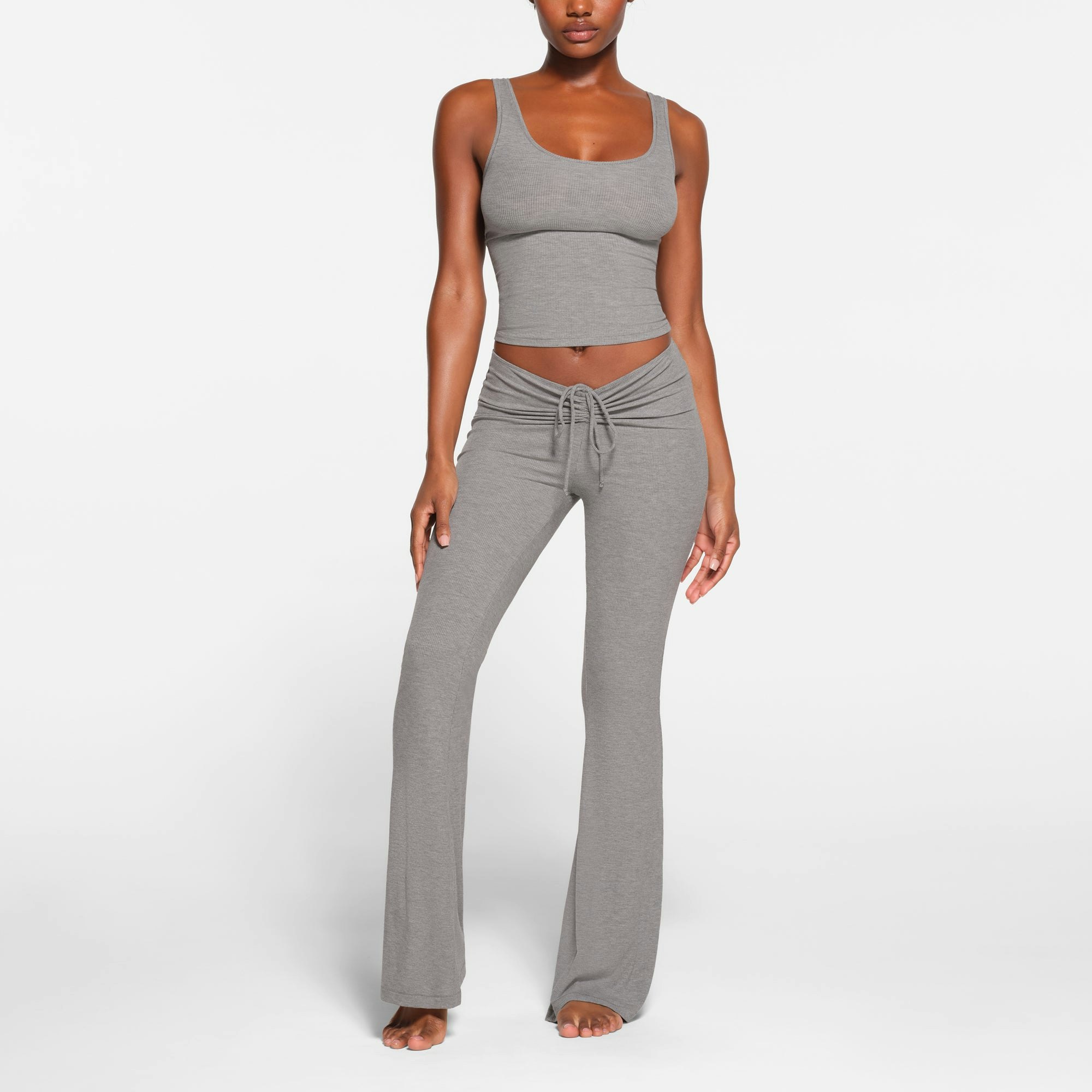 SOFT LOUNGE RUCHED PANT | HEATHER GREY ON A MODEL FRONT VIEW