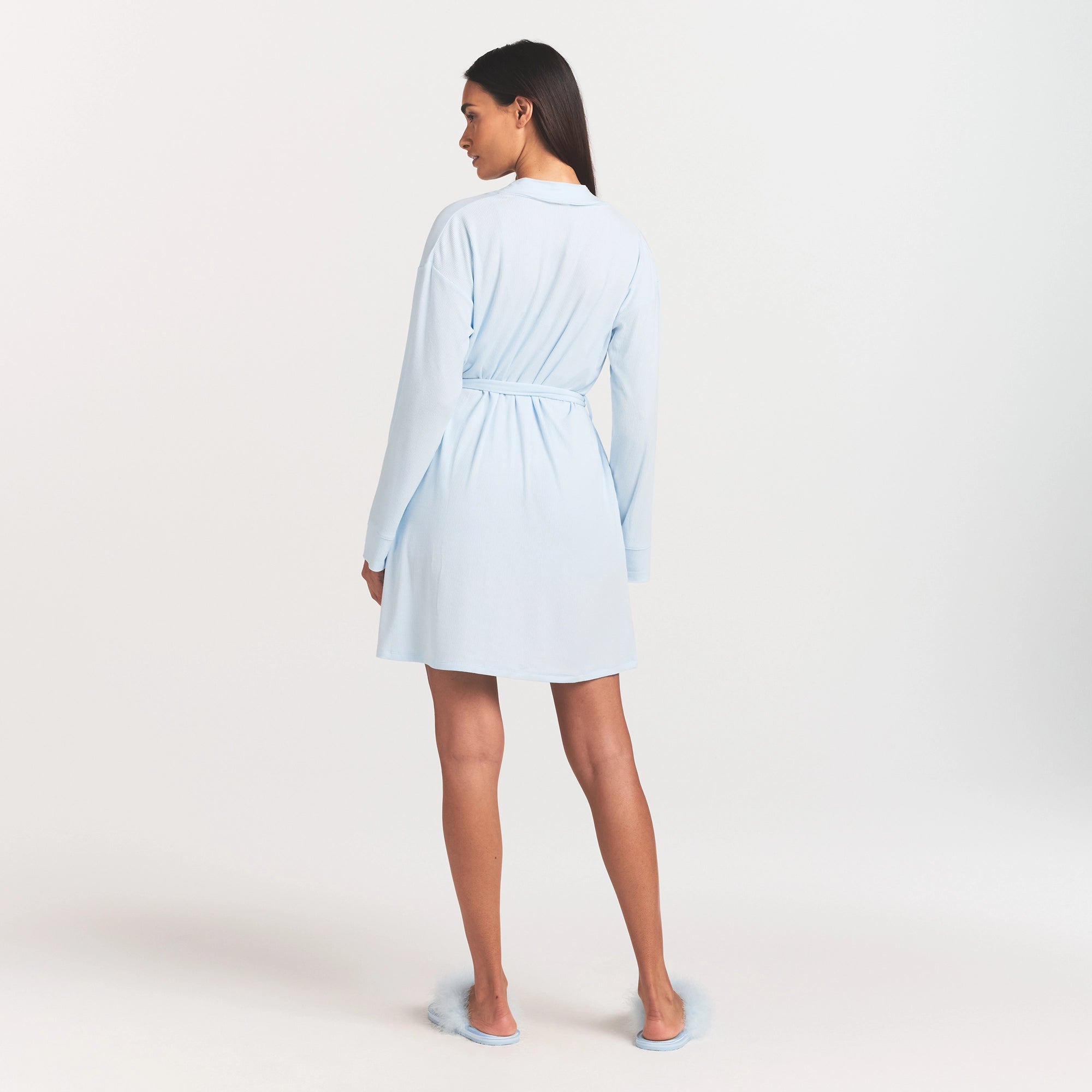 SOFT LOUNGE ROBE | BABY BLUE ON A MODEL FRONT VIEW