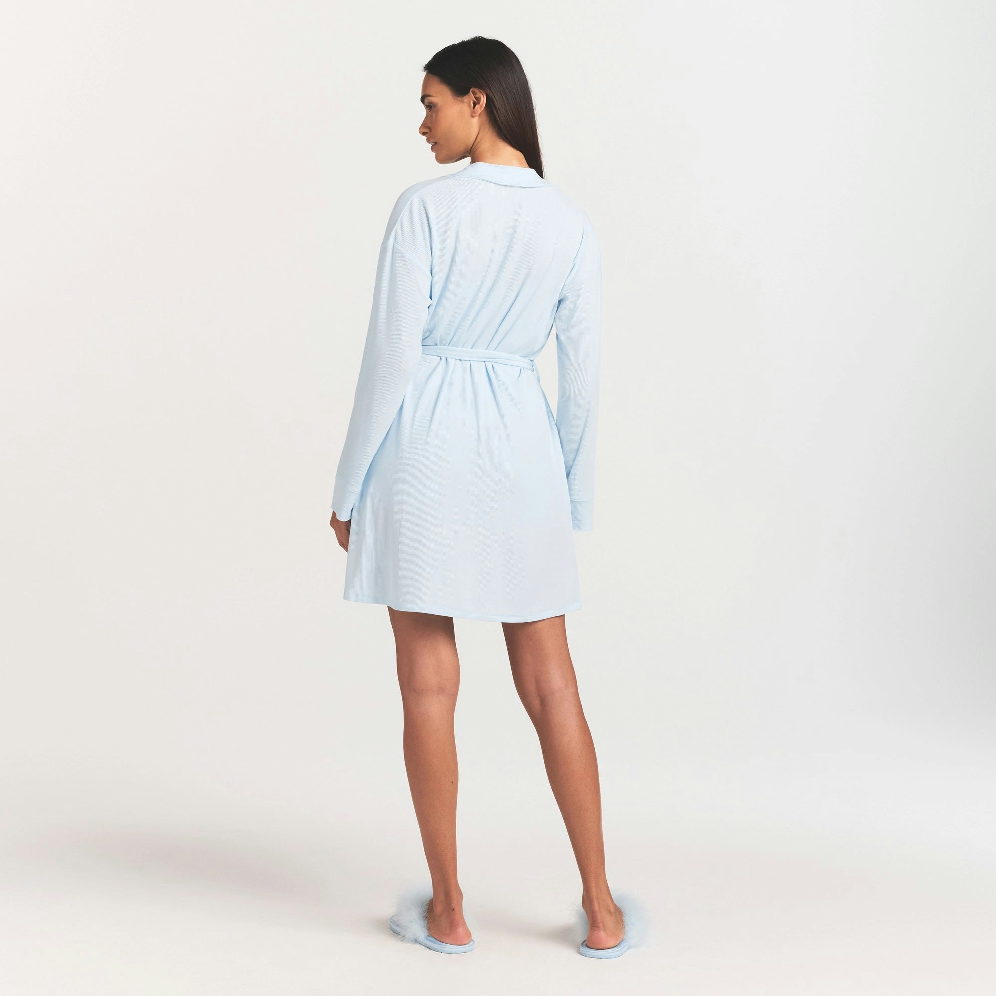 SOFT LOUNGE ROBE | BABY BLUE ON A MODEL FRONT VIEW @ | FOCUS: 0.0, 1.0, 0.9