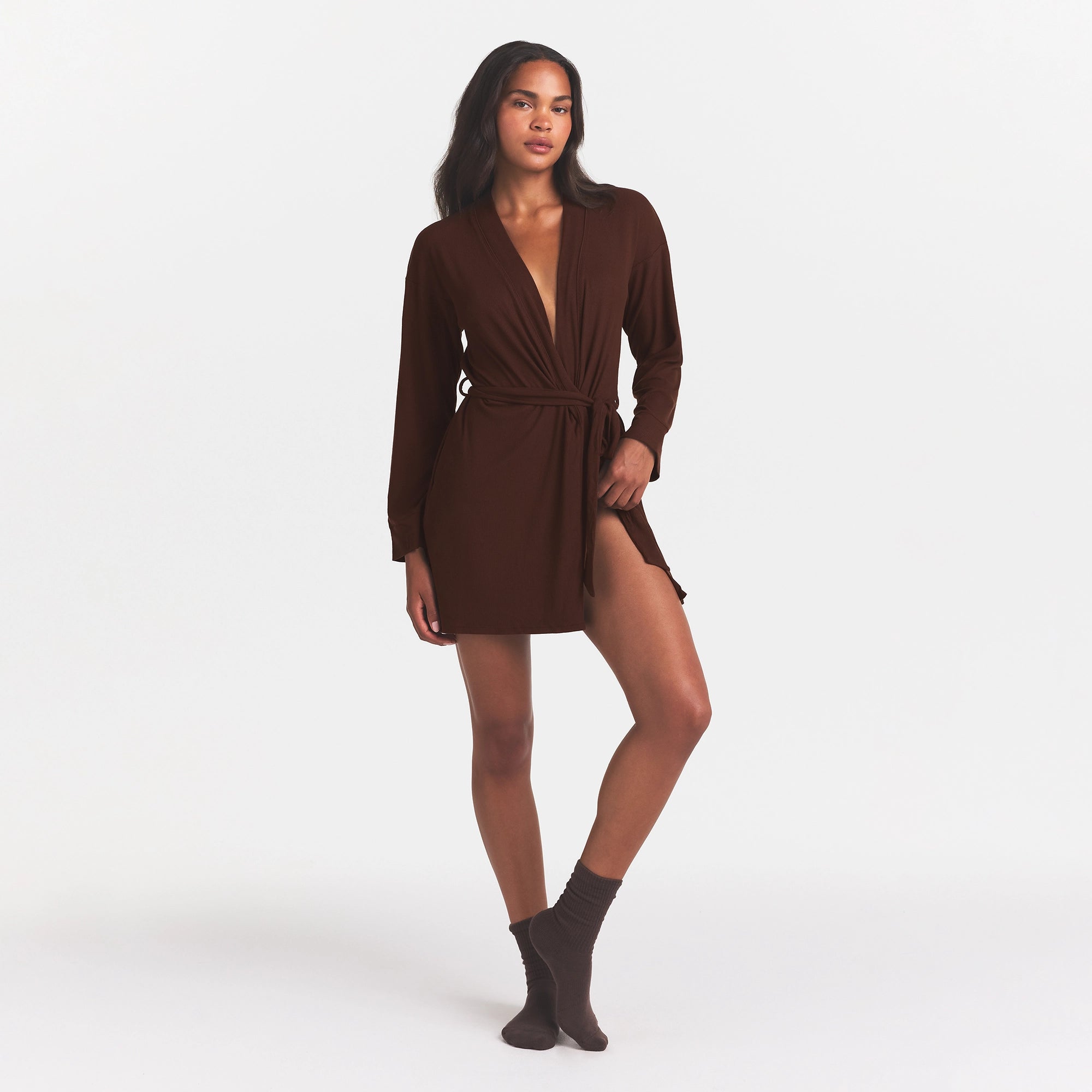 SOFT LOUNGE ROBE | COCOA ON A MODEL FRONT VIEW