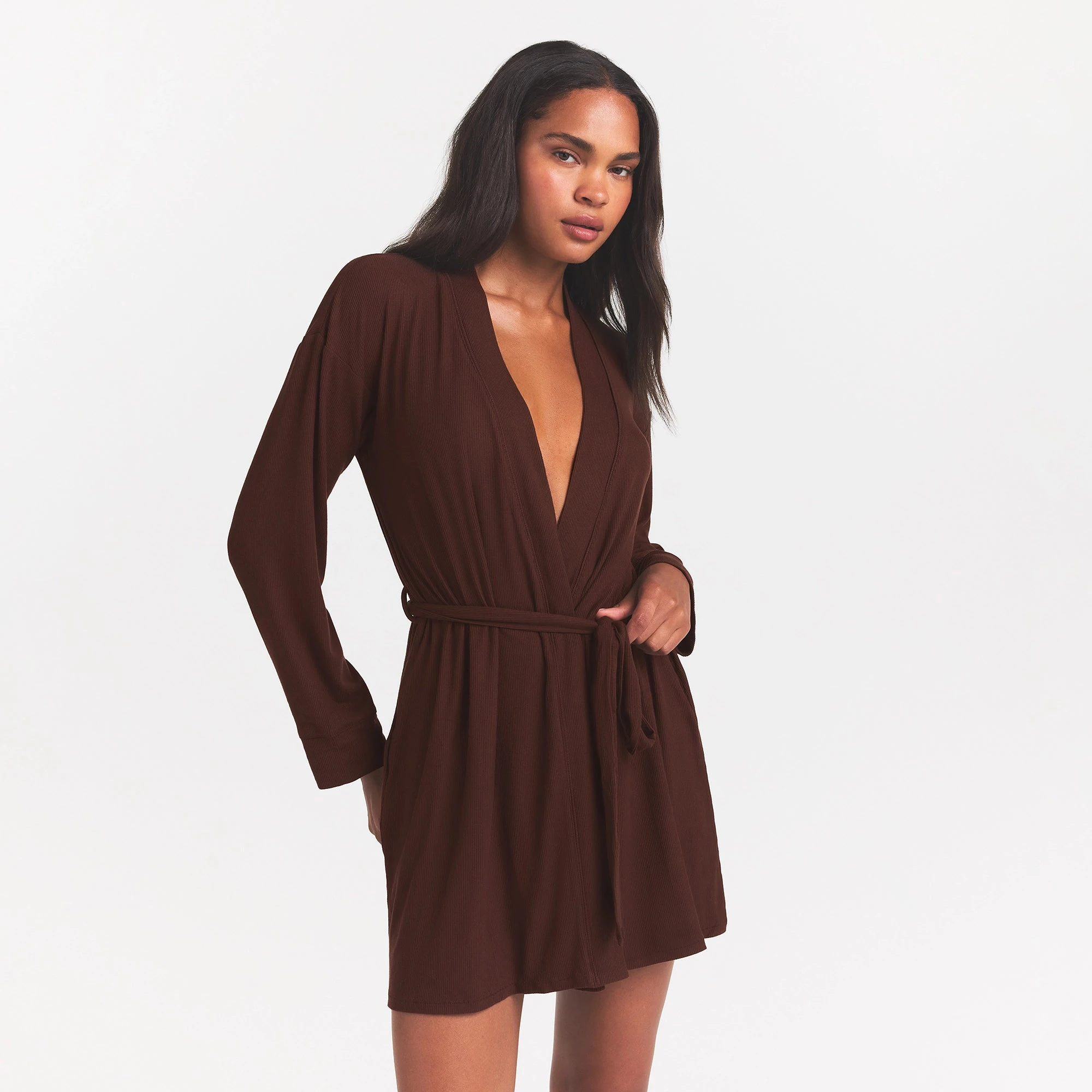 SOFT LOUNGE ROBE | COCOA ON A MODEL FRONT VIEW