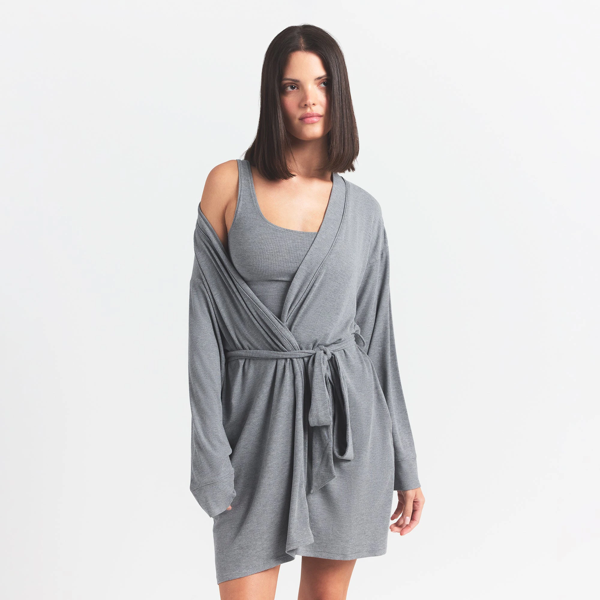 SOFT LOUNGE ROBE | HEATHER GREY ON A MODEL FRONT VIEW @ | FOCUS: 0.0, 1.0, 0.9