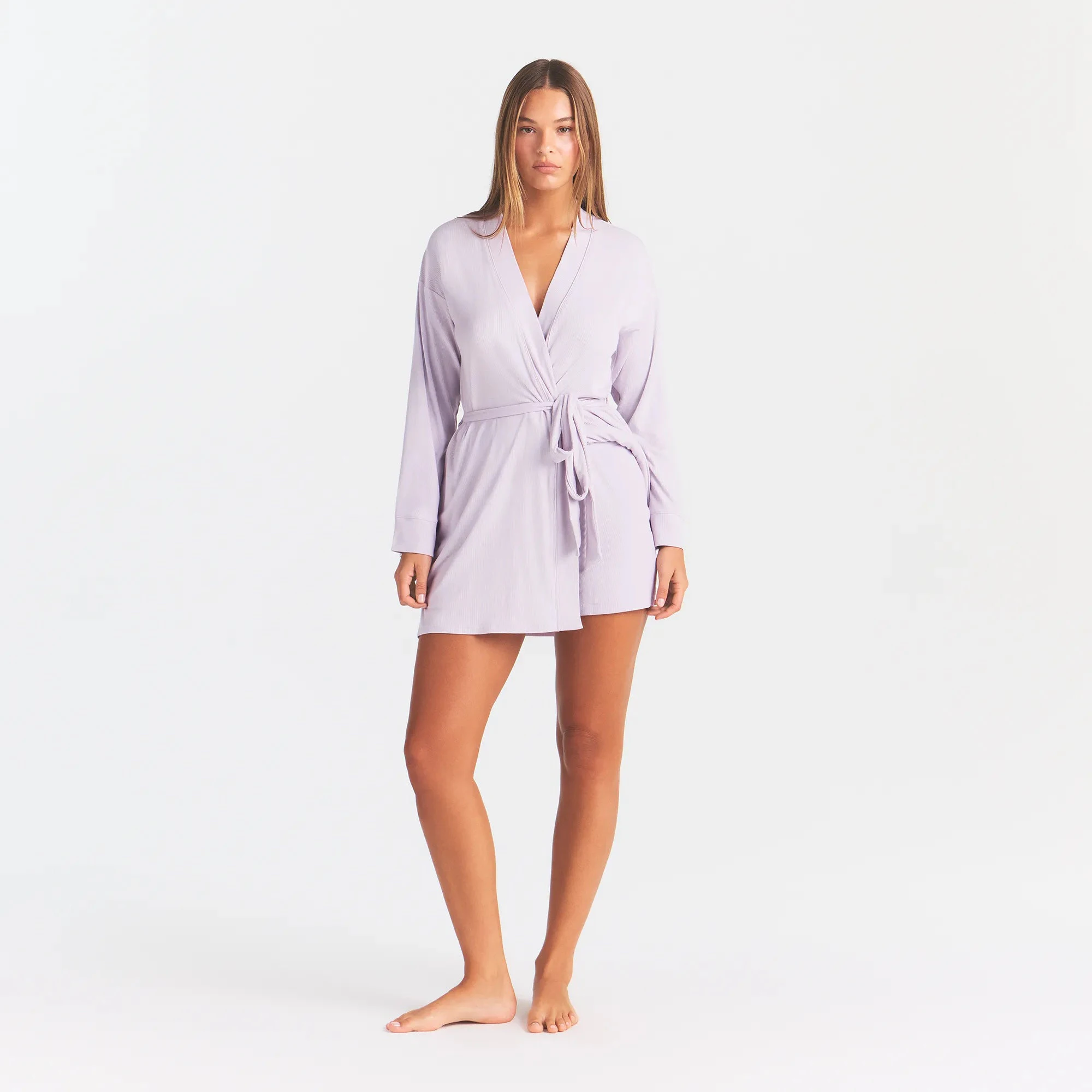 SOFT LOUNGE ROBE | IRIS MICA ON A MODEL FRONT VIEW @ | FOCUS: 0.0, 1.0, 0.9