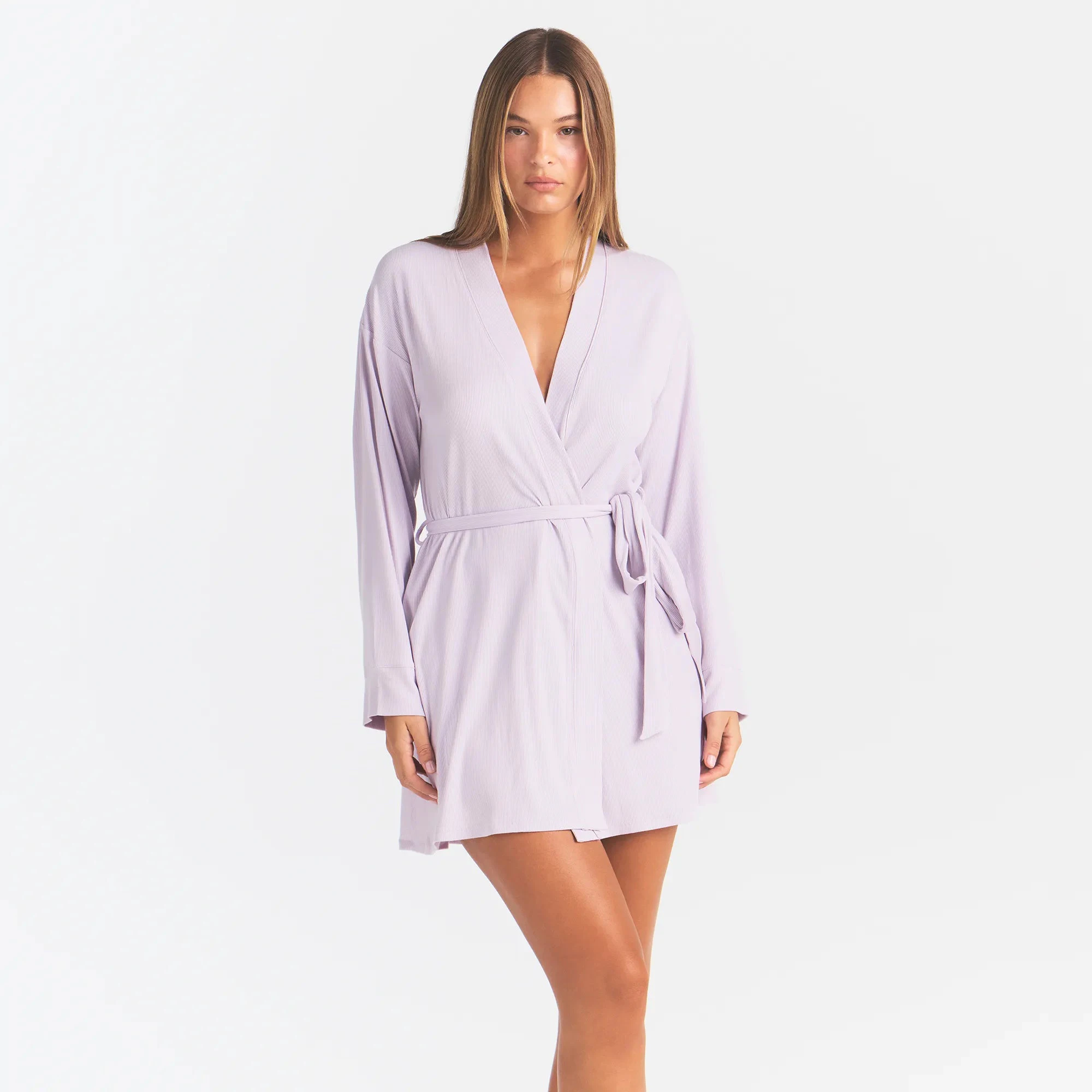 SOFT LOUNGE ROBE | IRIS MICA ON A MODEL FRONT VIEW @ | FOCUS: 0.0, 1.0, 0.9