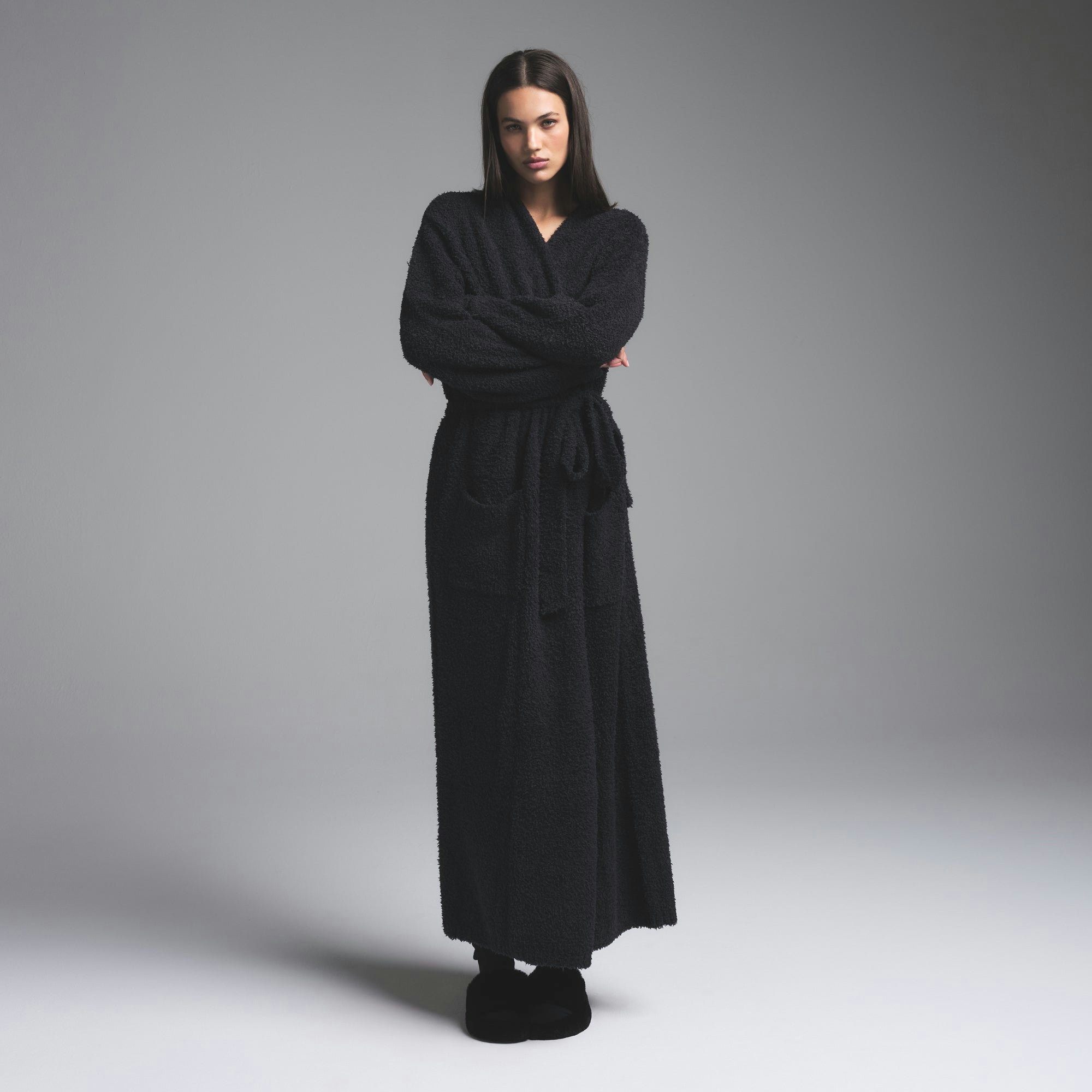 COZY KNIT UNISEX ROBE | ONYX ON A MODEL FRONT VIEW
