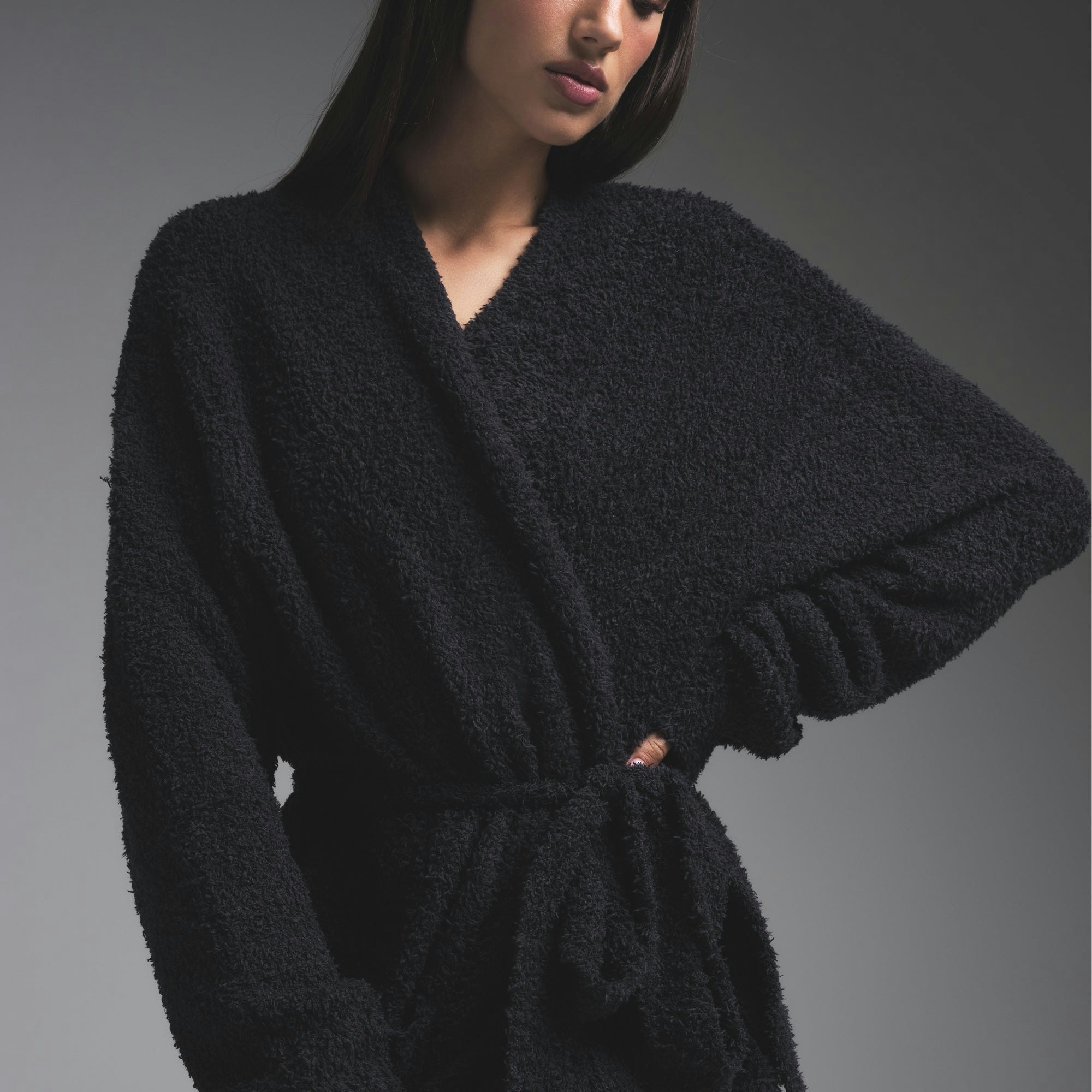 COZY KNIT UNISEX ROBE | ONYX ON A MODEL SIDE VIEW
