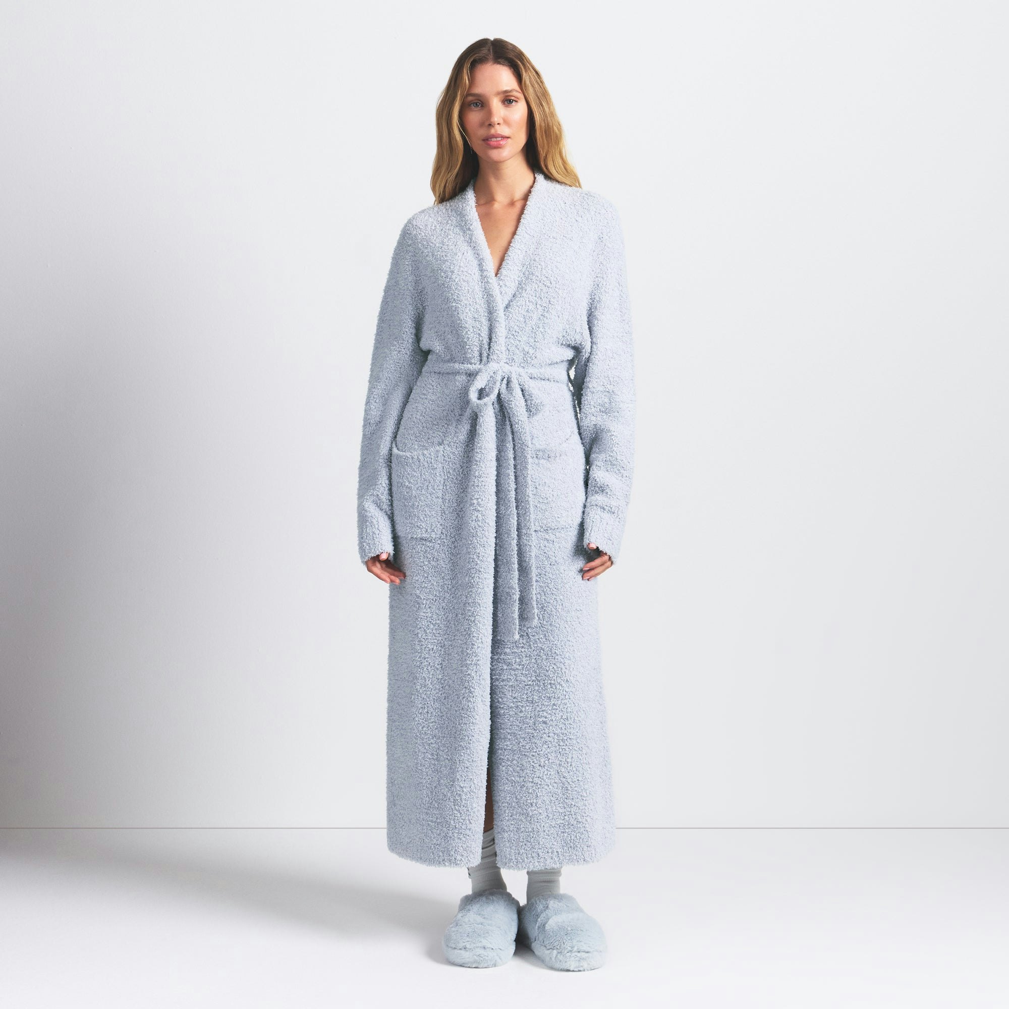 COZY KNIT UNISEX ROBE | ZEN BLUE ON A MODEL FRONT VIEW @ | FOCUS: 0.0, 1.0, 0.9