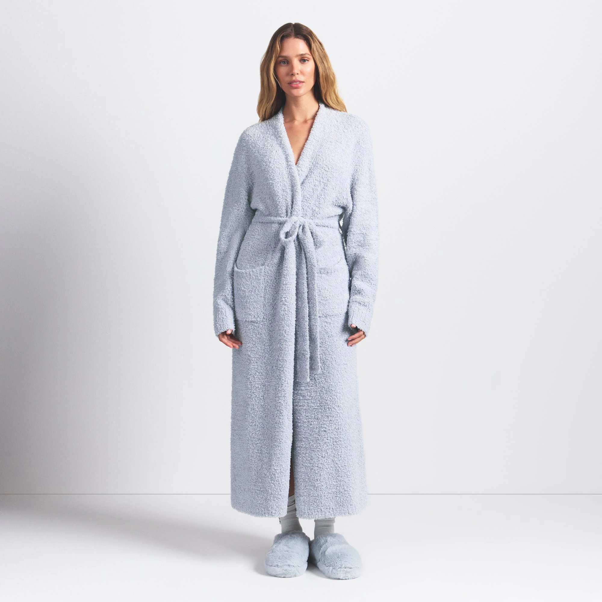 COZY KNIT UNISEX ROBE | ZEN BLUE ON A MODEL FRONT VIEW @ | FOCUS: 0.0, 1.0, 0.9
