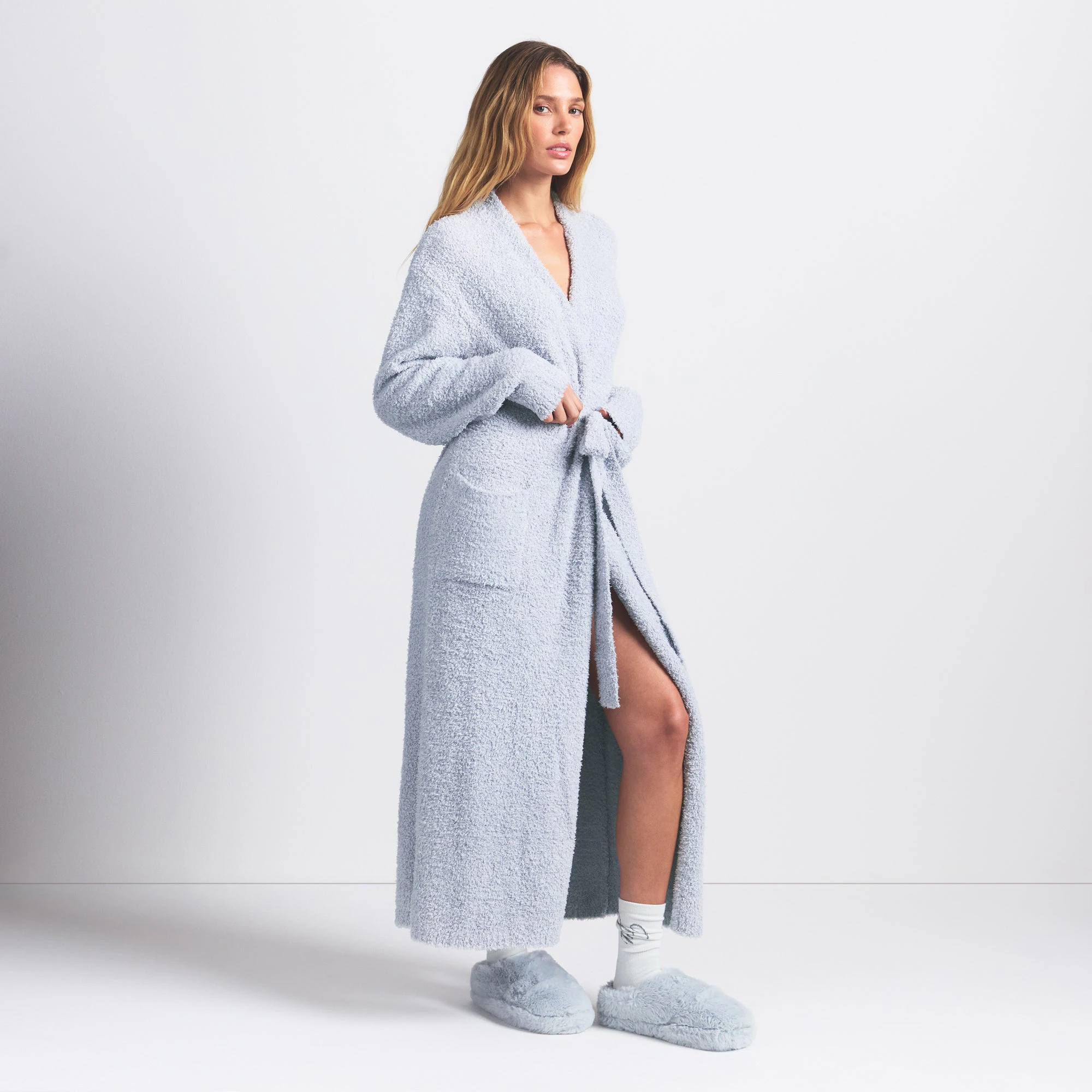 COZY KNIT UNISEX ROBE | ZEN BLUE ON A MODEL FRONT VIEW @ | FOCUS: 0.0, 1.0, 0.9