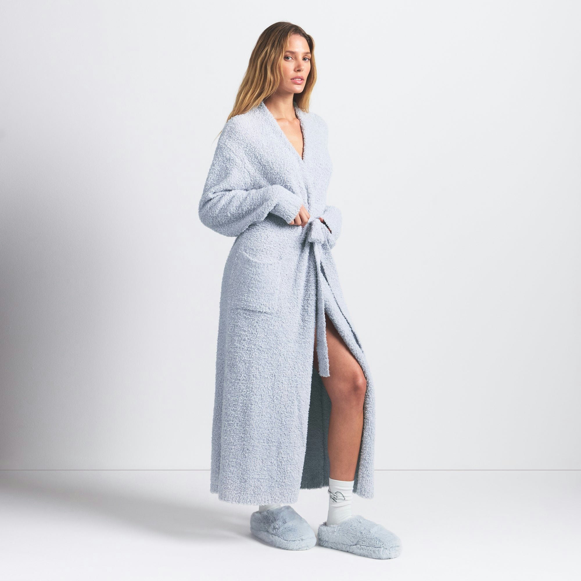 COZY KNIT UNISEX ROBE | ZEN BLUE ON A MODEL FRONT VIEW @ | FOCUS: 0.0, 1.0, 0.9