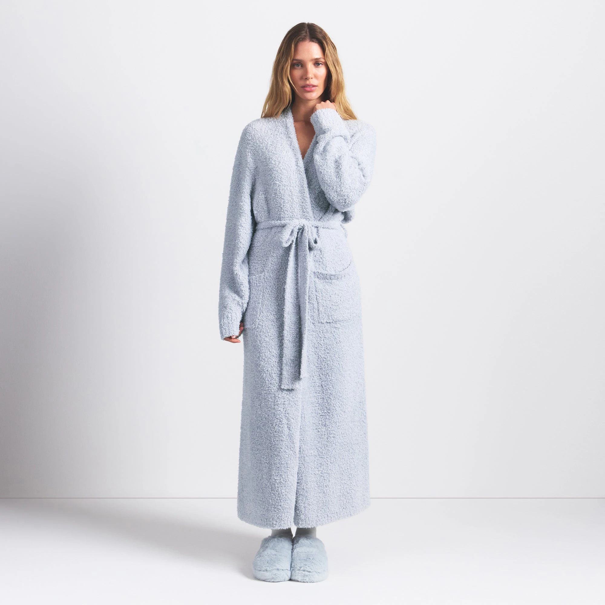COZY KNIT UNISEX ROBE | ZEN BLUE ON A MODEL FRONT VIEW @ | FOCUS: 0.0, 1.0, 0.9