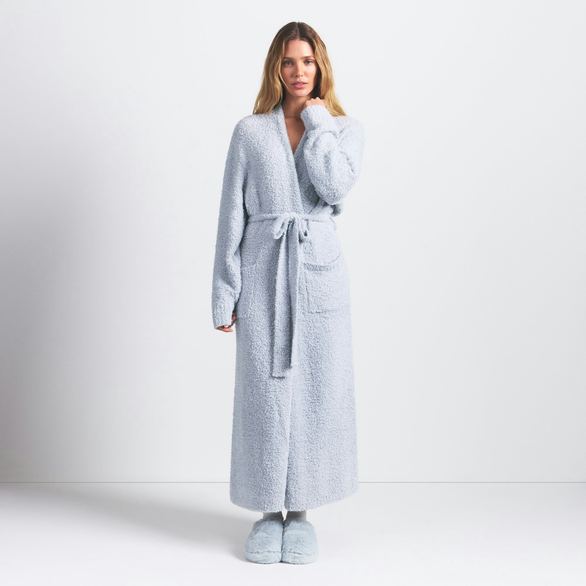 COZY KNIT UNISEX ROBE | ZEN BLUE ON A MODEL FRONT VIEW @ | FOCUS: 0.0, 1.0, 0.9