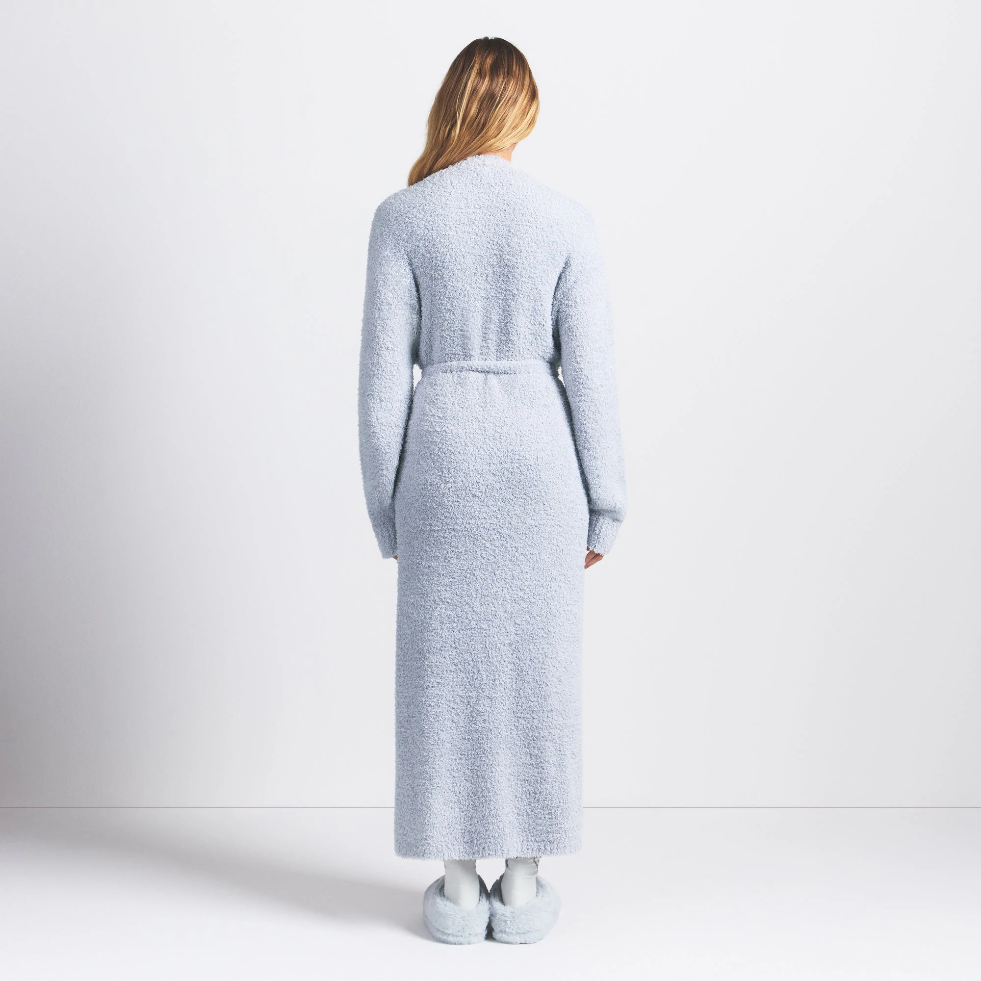 COZY KNIT UNISEX ROBE | ZEN BLUE ON A MODEL FRONT VIEW @ | FOCUS: 0.0, 1.0, 0.9