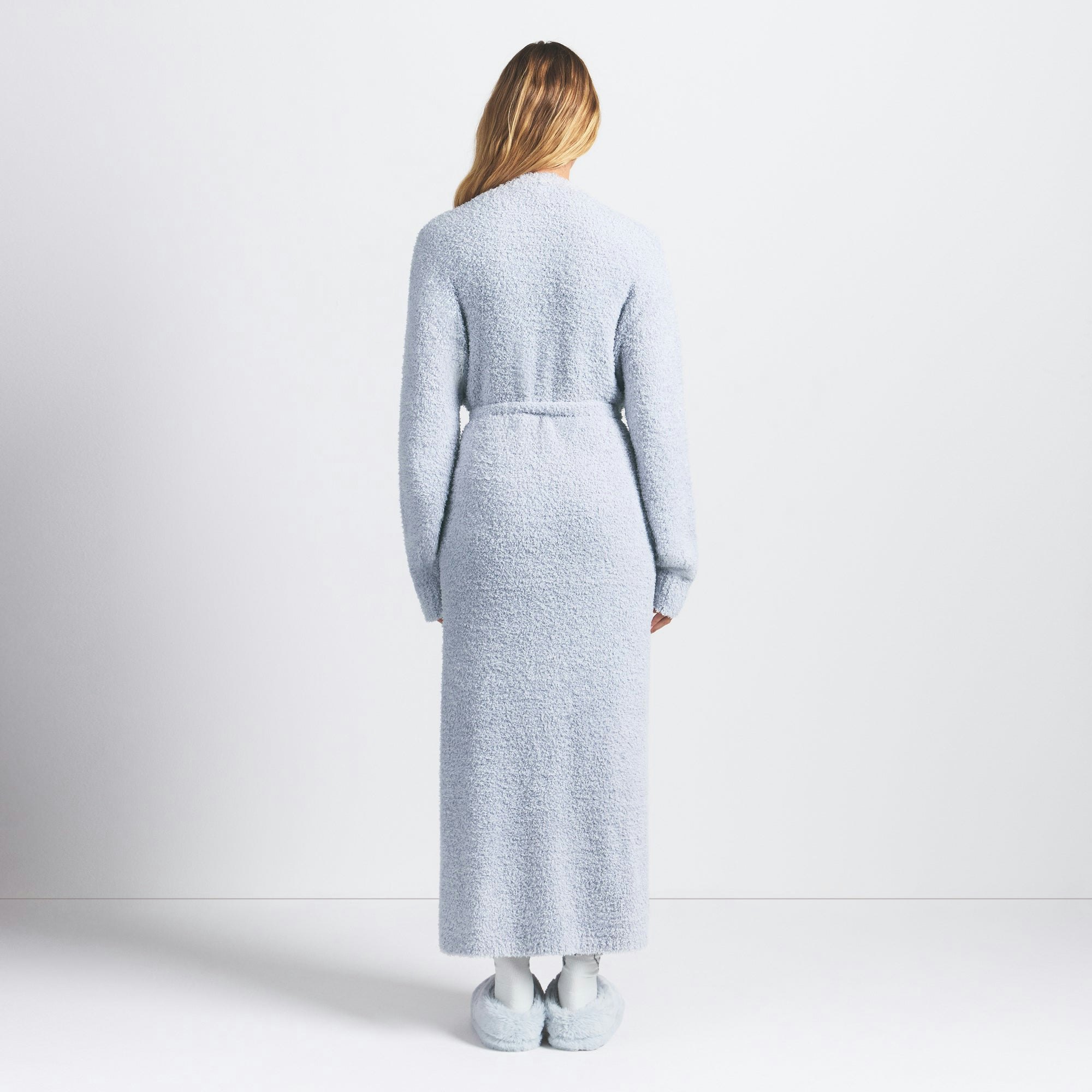 COZY KNIT UNISEX ROBE | ZEN BLUE ON A MODEL FRONT VIEW @ | FOCUS: 0.0, 1.0, 0.9