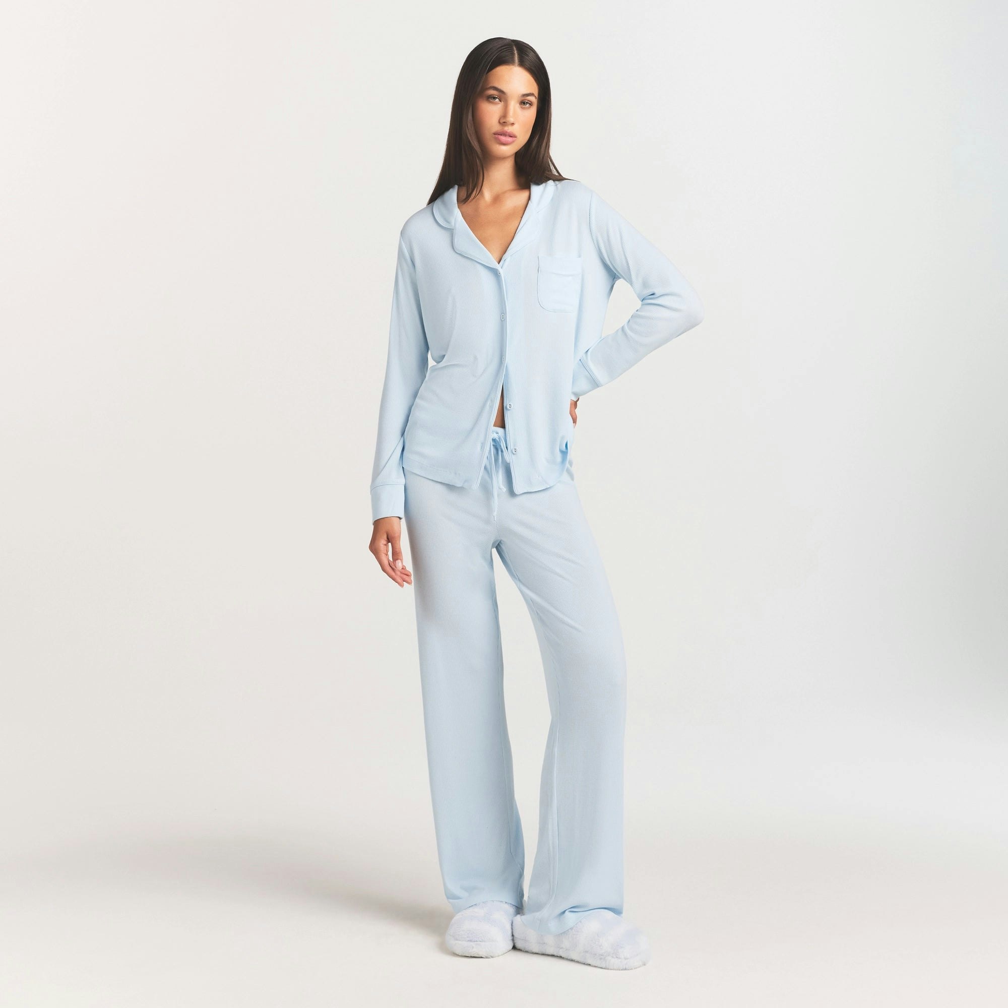 SOFT LOUNGE SLEEP SET | BABY BLUE ON A MODEL FRONT VIEW @ | FOCUS: 0.0, 1.0, 0.9