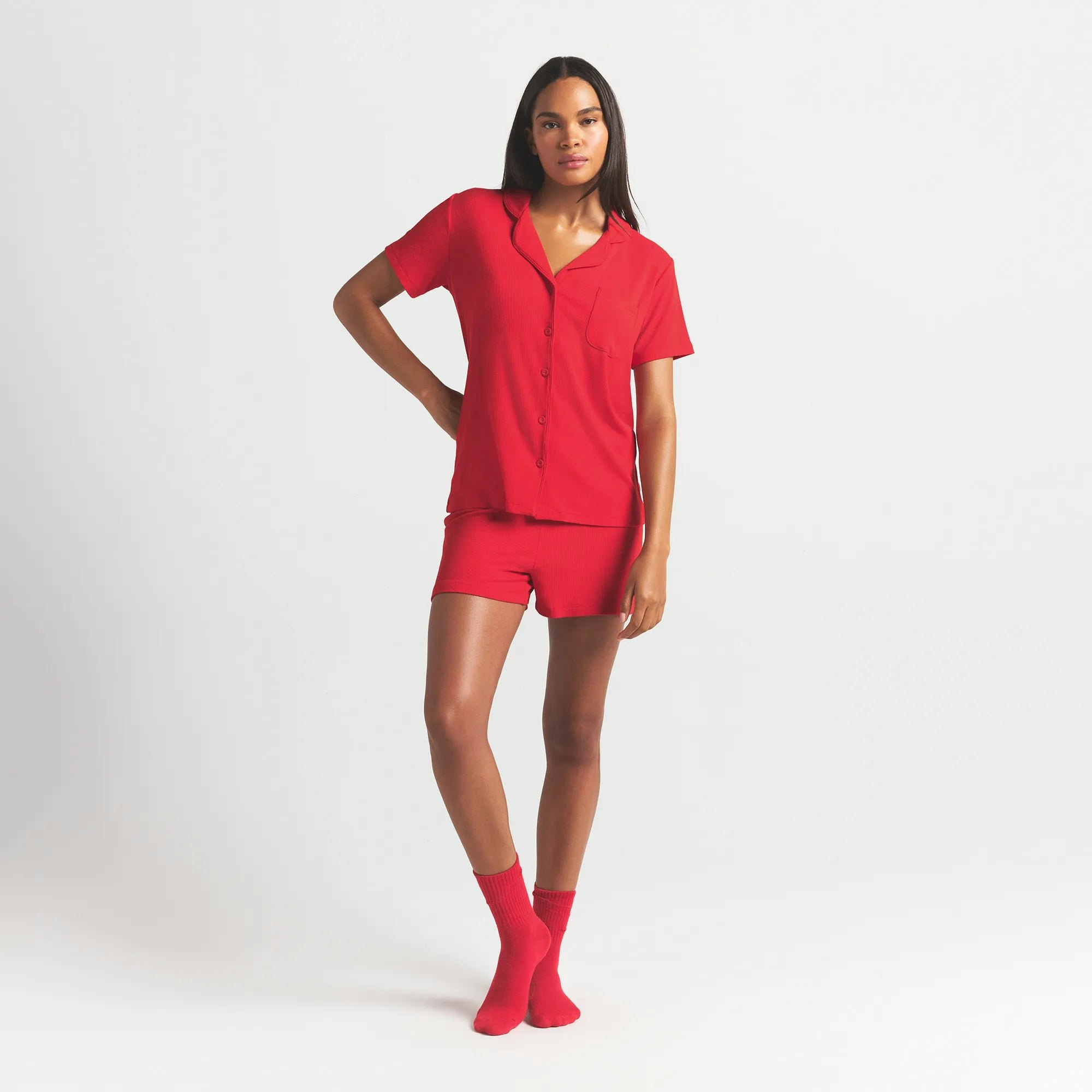 SOFT LOUNGE SHORT SLEEP SET | CHERRY ON A MODEL FRONT VIEW @ | FOCUS: 0.0, 1.0, 0.9