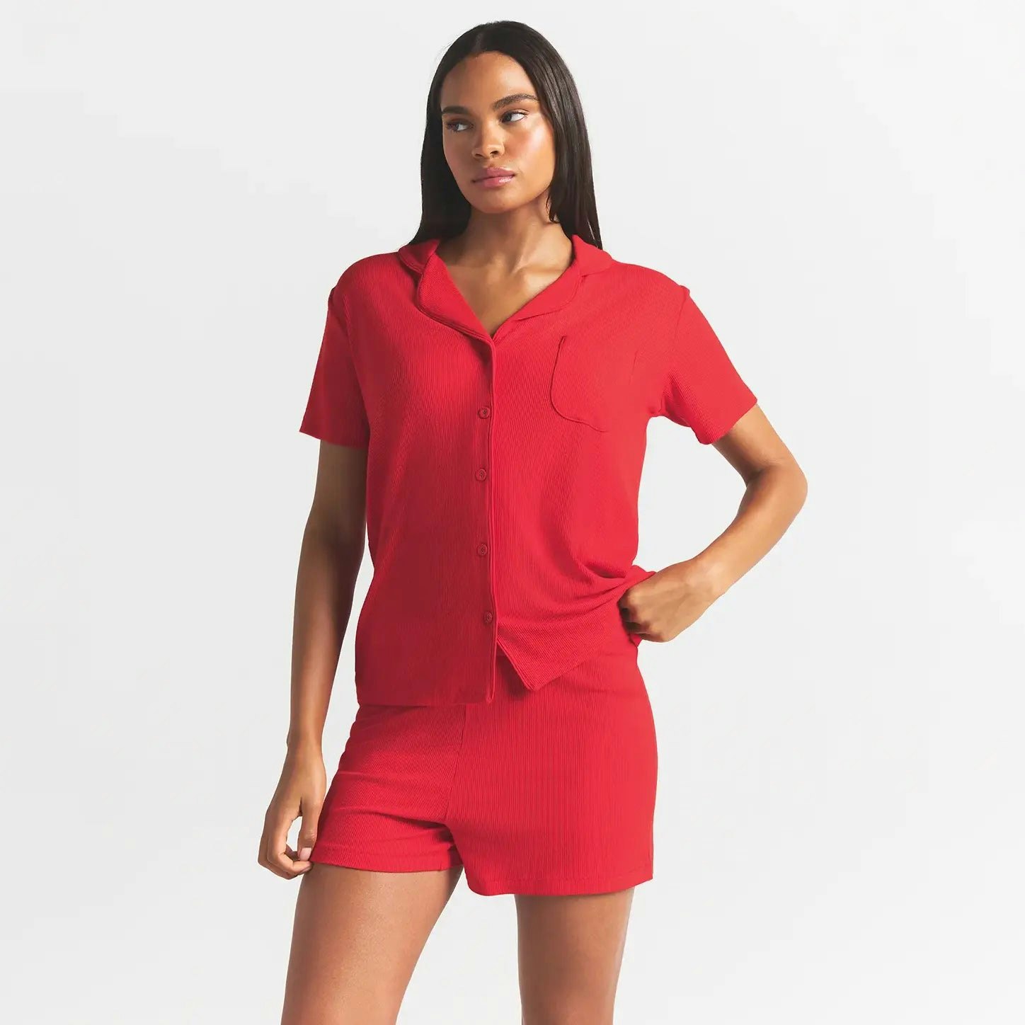 SOFT LOUNGE SHORT SLEEP SET | CHERRY ON A MODEL FRONT VIEW @ | FOCUS: 0.0, 1.0, 0.9