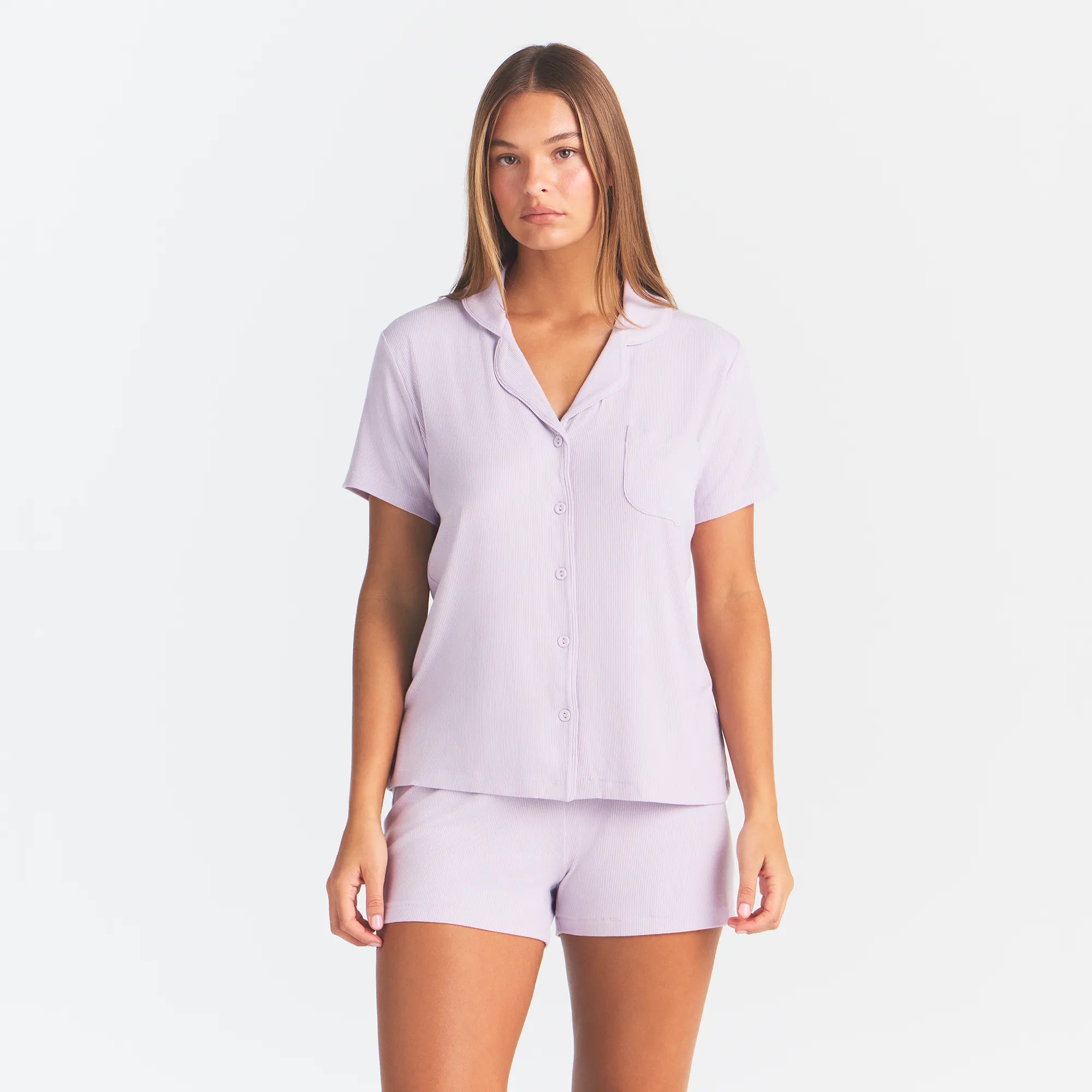 SOFT LOUNGE SHORT SLEEP SET | IRIS MICA ON A MODEL FRONT VIEW @ | FOCUS: 0.0, 1.0, 0.9