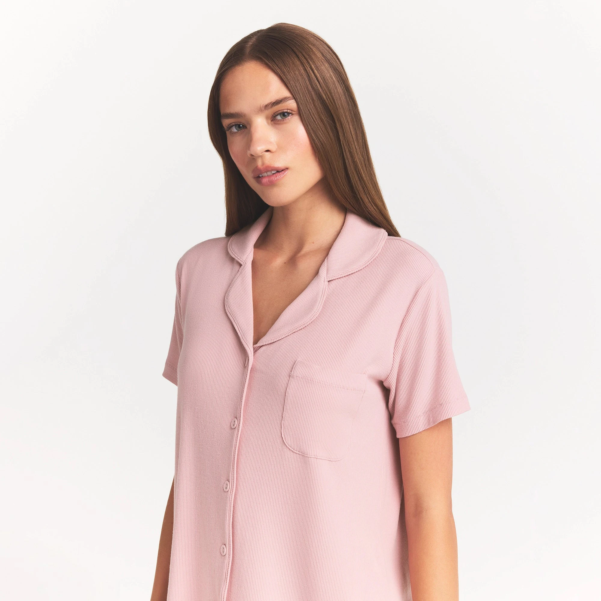 SOFT LOUNGE SHORT SLEEP SET | MORGANITE ON A MODEL FRONT VIEW @ | FOCUS: 0.0, 1.0, 0.9