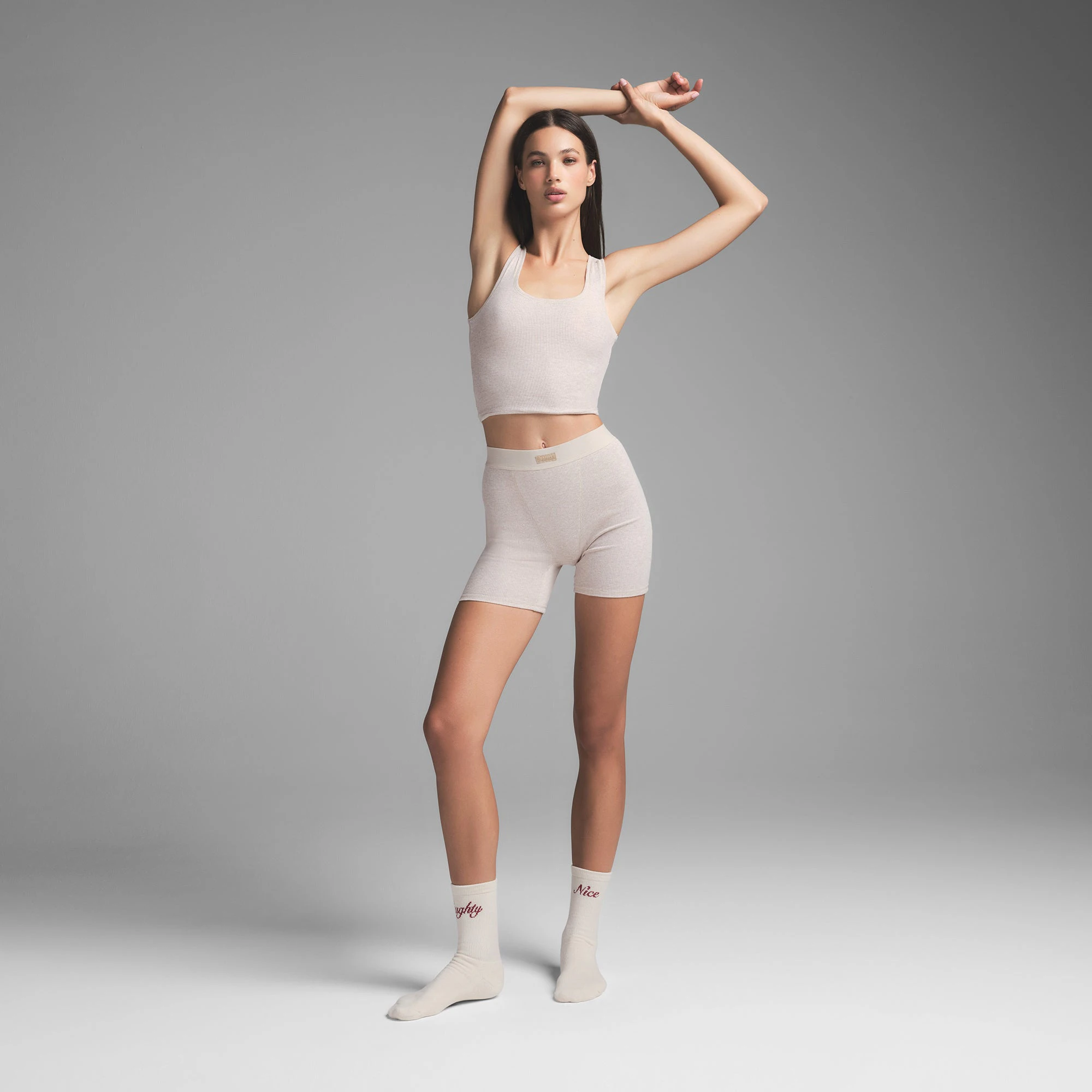 COTTON RIB TANK | HEATHER OATMEAL ON A MODEL FRONT VIEW | FOCUS: 0.0, 1.0, 0.9