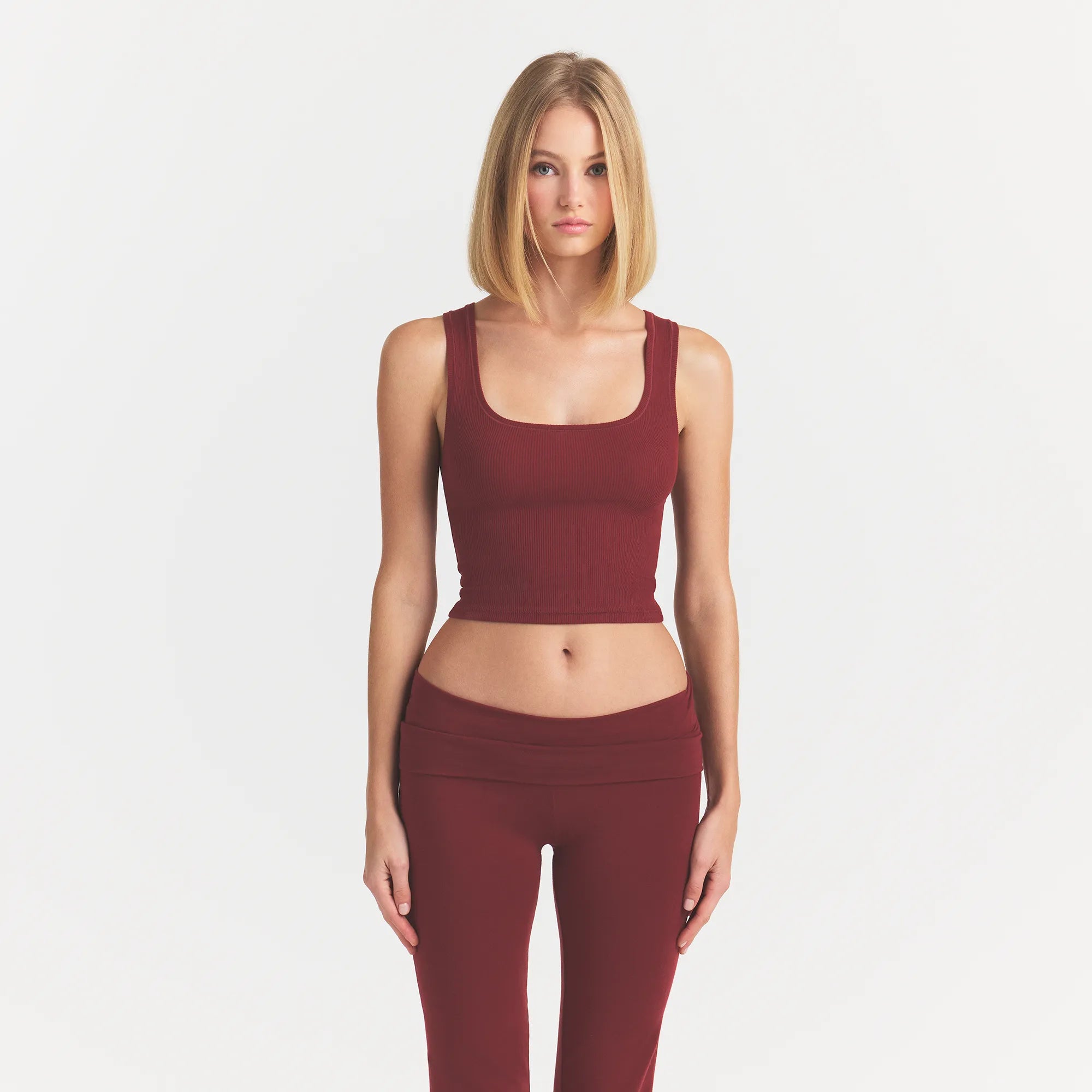 COTTON RIB TANK | MERLOT ON A MODEL FRONT VIEW @ | FOCUS: 0.0, 1.0, 0.9