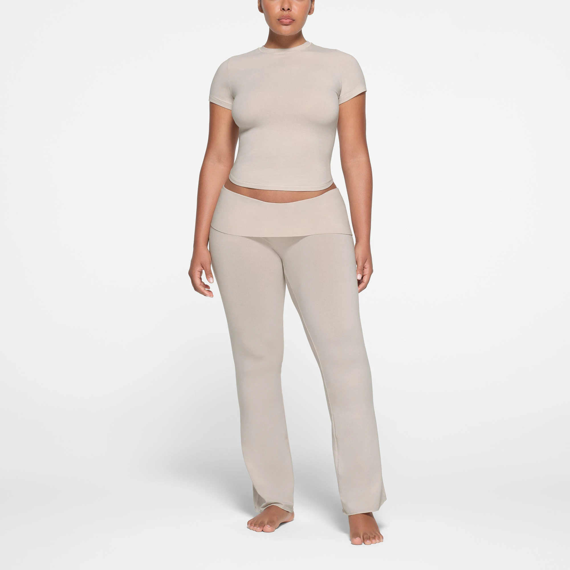 COTTON JERSEY T-SHIRT | STONE ON A MODEL FRONT VIEW