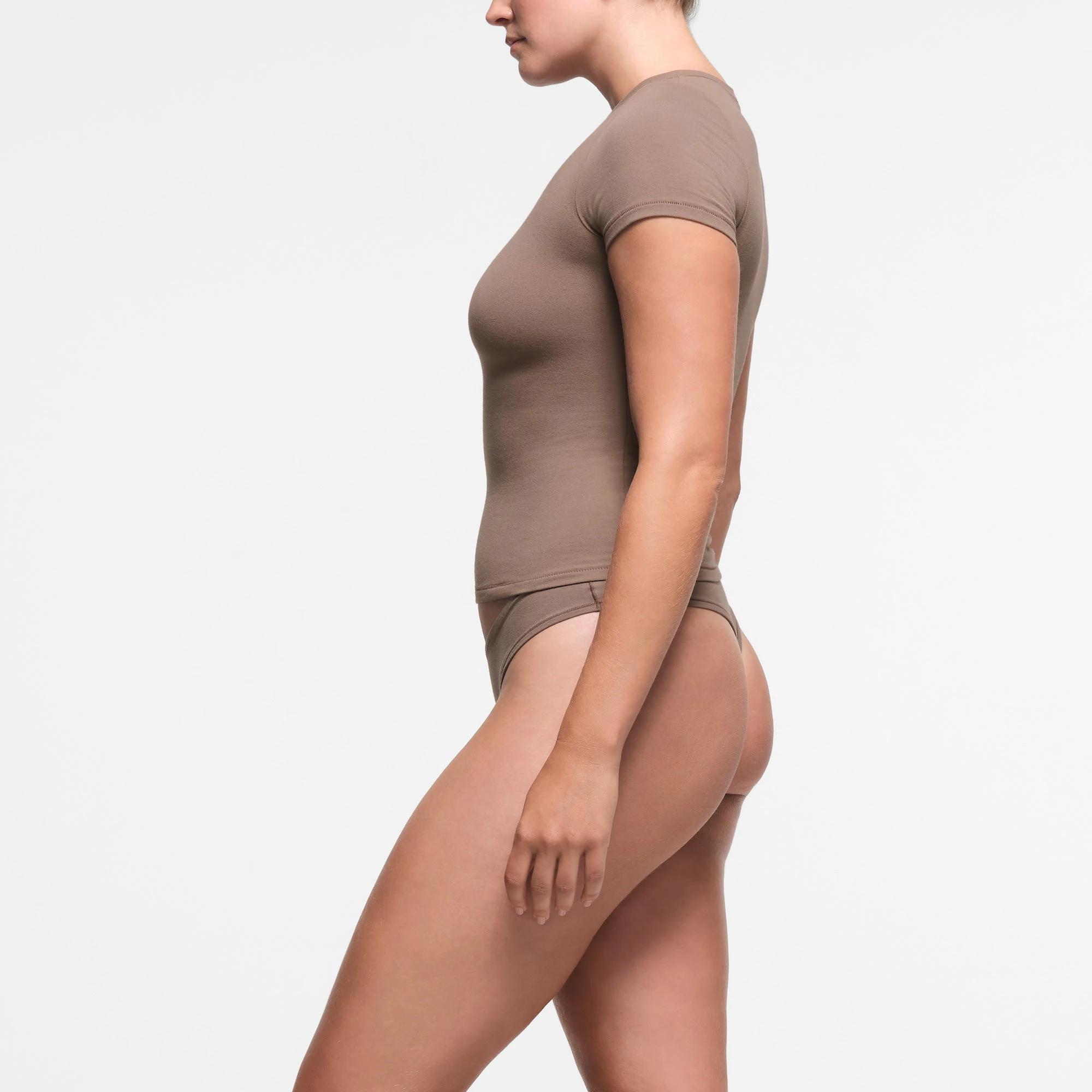 COTTON JERSEY T-SHIRT | TRUFFLE ON A MODEL SIDE VIEW