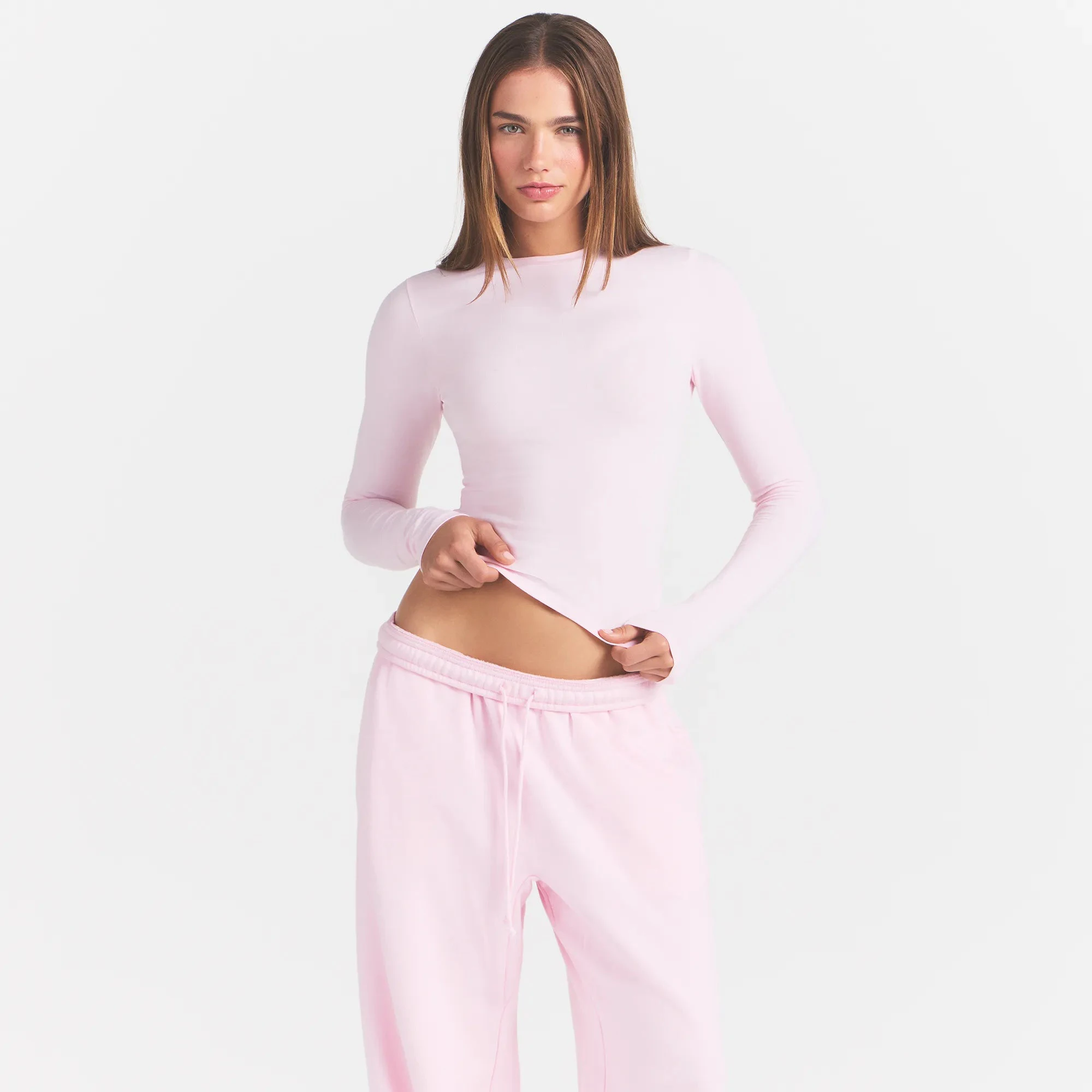 COTTON JERSEY LONG SLEEVE T-SHIRT | CHERRY BLOSSOM ON A MODEL FRONT VIEW