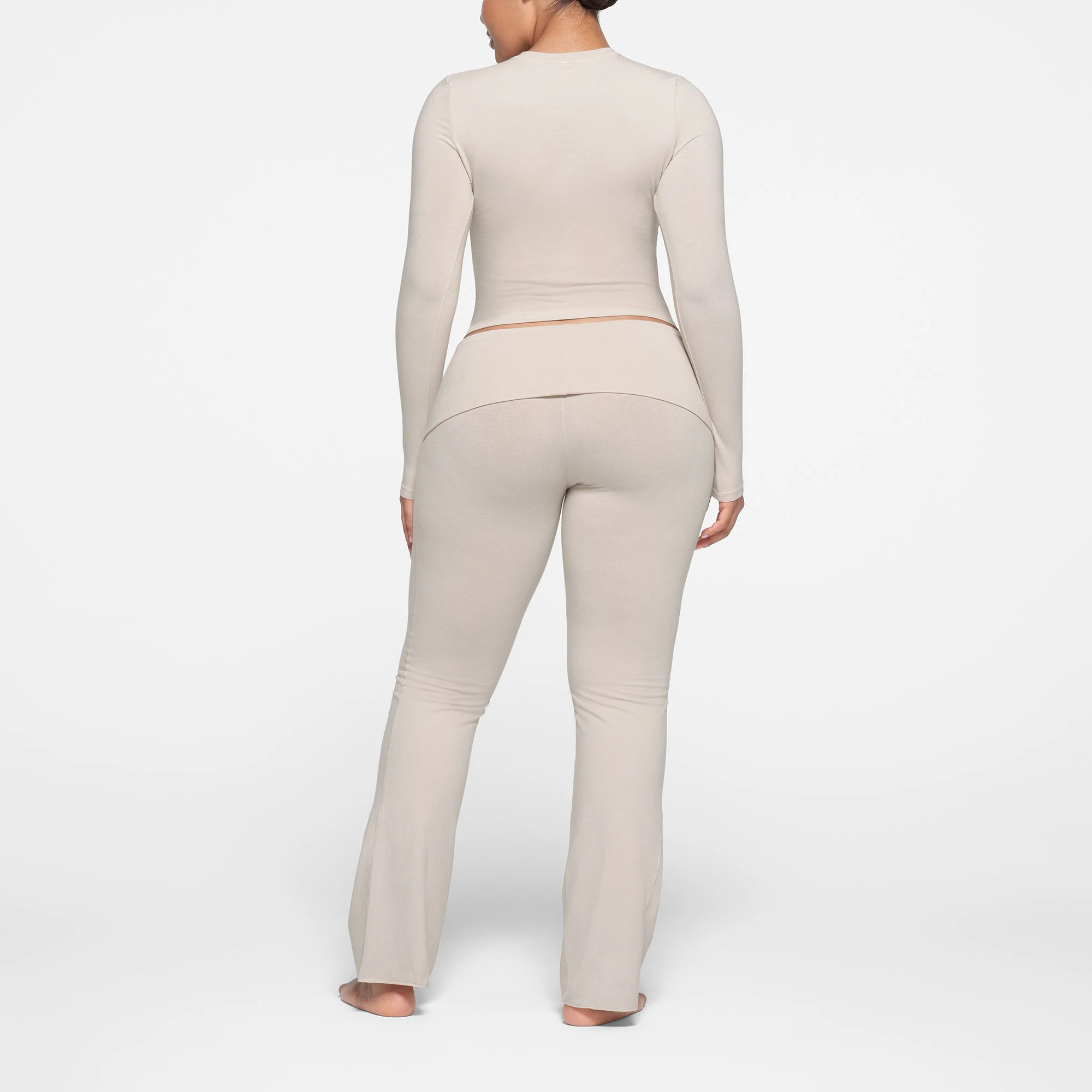 COTTON JERSEY LONG SLEEVE T-SHIRT | STONE ON A MODEL BACK VIEW