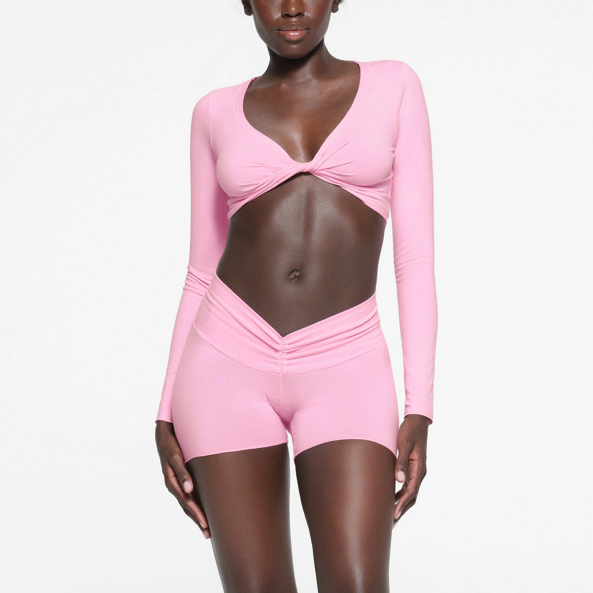 COTTON TWIST LONG SLEEVE TOP | COTTON CANDY ON A MODEL FRONT VIEW