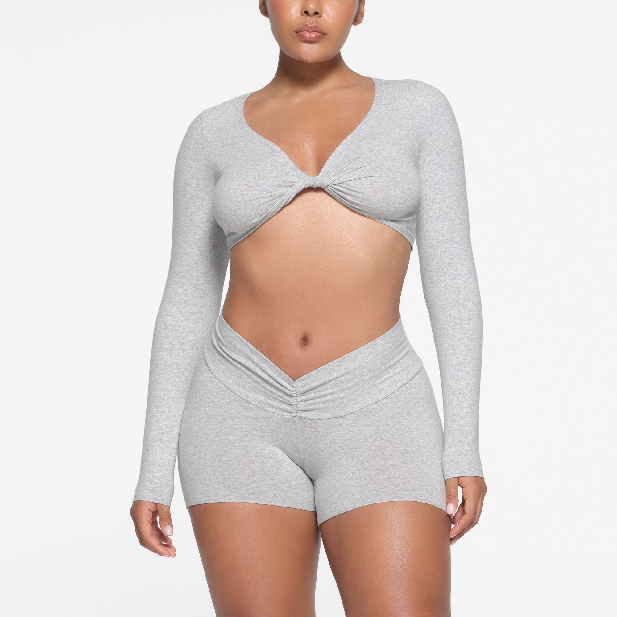 COTTON TWIST LONG SLEEVE CROPPED TOP LIGHT HEATHER GREY