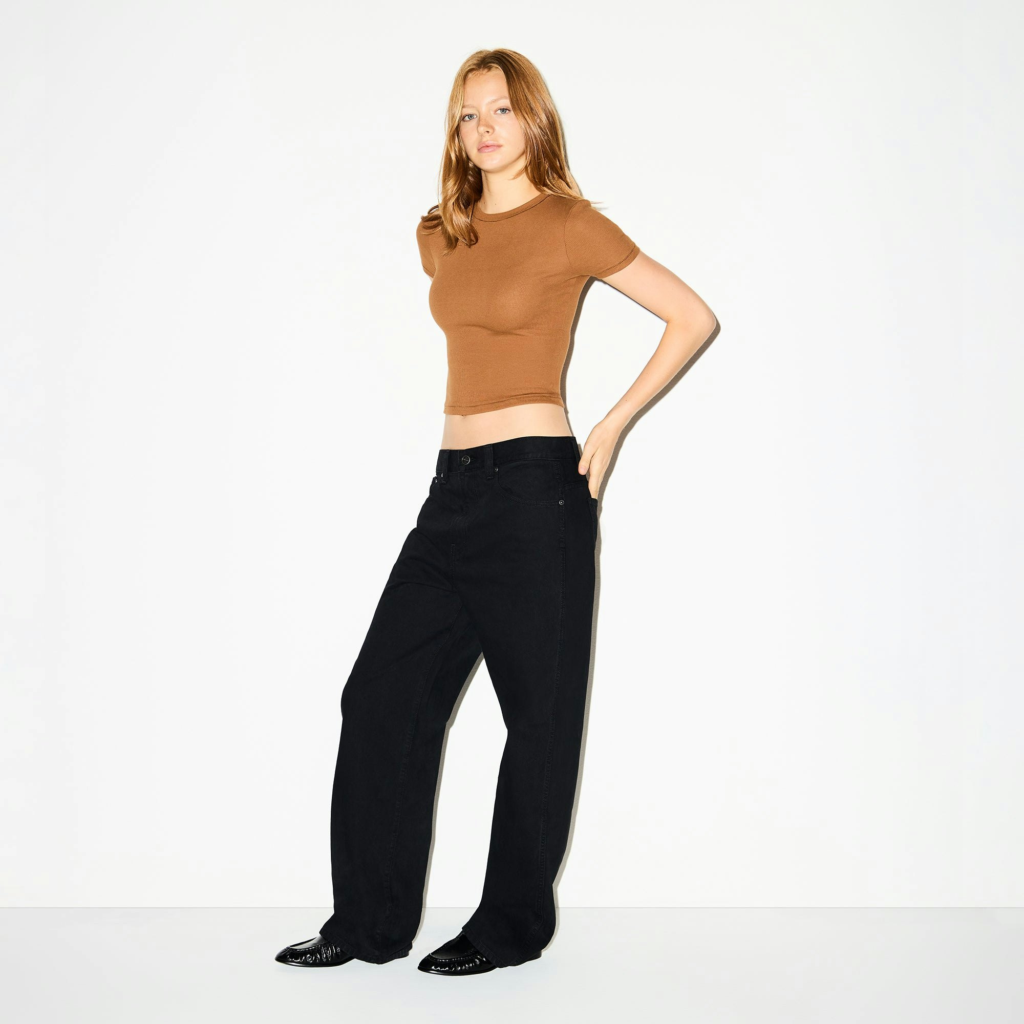 COTTON RIB T-SHIRT | CHAI ON A MODEL SIDE VIEW @ | FOCUS: 0.0, 1.0, 0.9