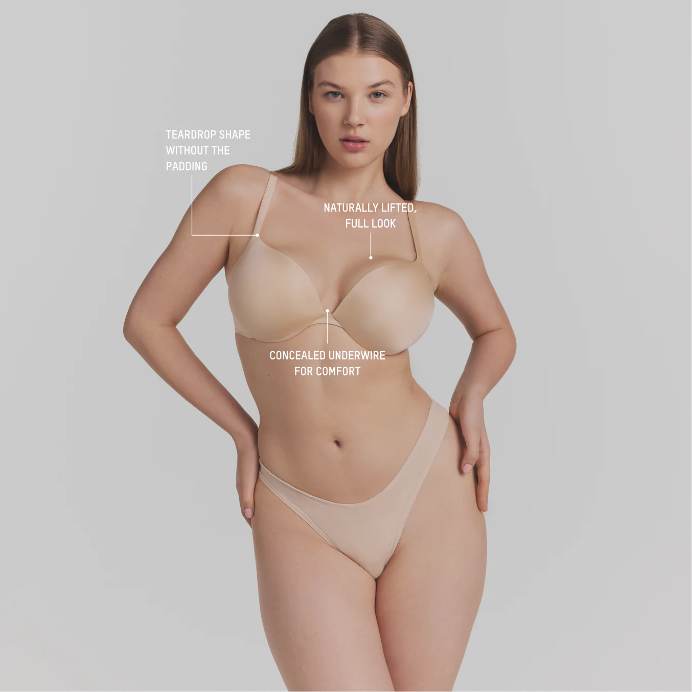 SKIMS ULTIMATE TEARDROP T-SHIRT BRA | COCOA ON A MODEL FRONT VIEW @ | FOCUS: 0.0, 1.0, 0.9