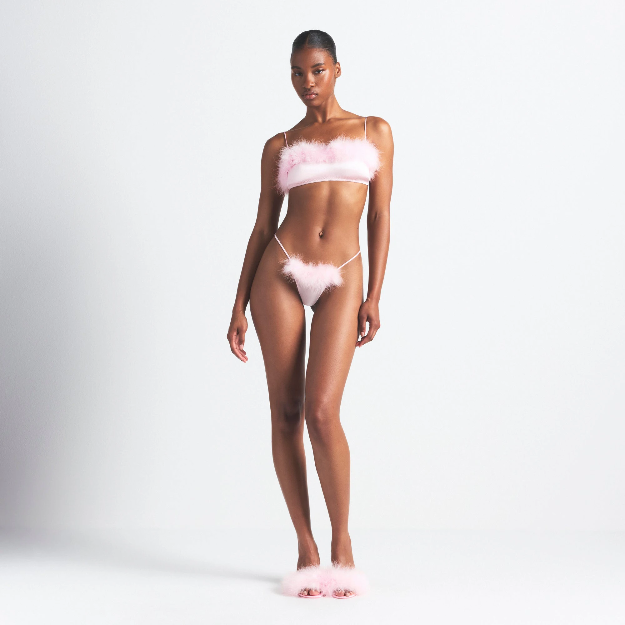 SILK FEATHER TRIM BANDEAU | CHERRY BLOSSOM ON A MODEL FRONT VIEW @ | FOCUS: 0.0, 1.0, 0.9