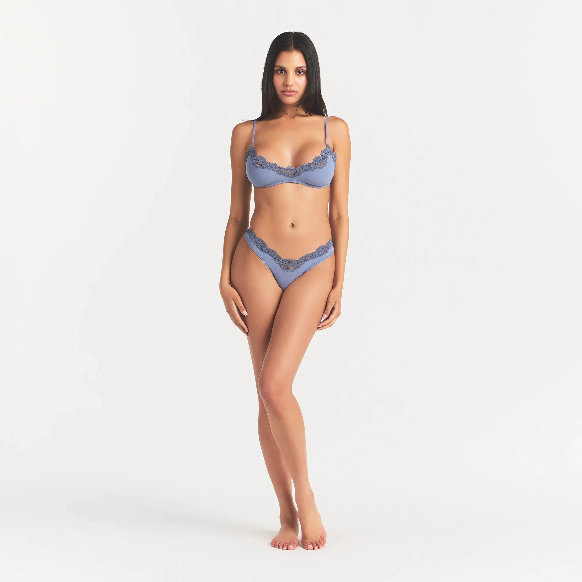 FITS EVERYBODY LACE SCOOP BRALETTE | SLATE TONAL & LAYS FLAT ON A WHITE BACKGROUND | FLT @ | FOCUS: 0.0, 1.0, 0.9