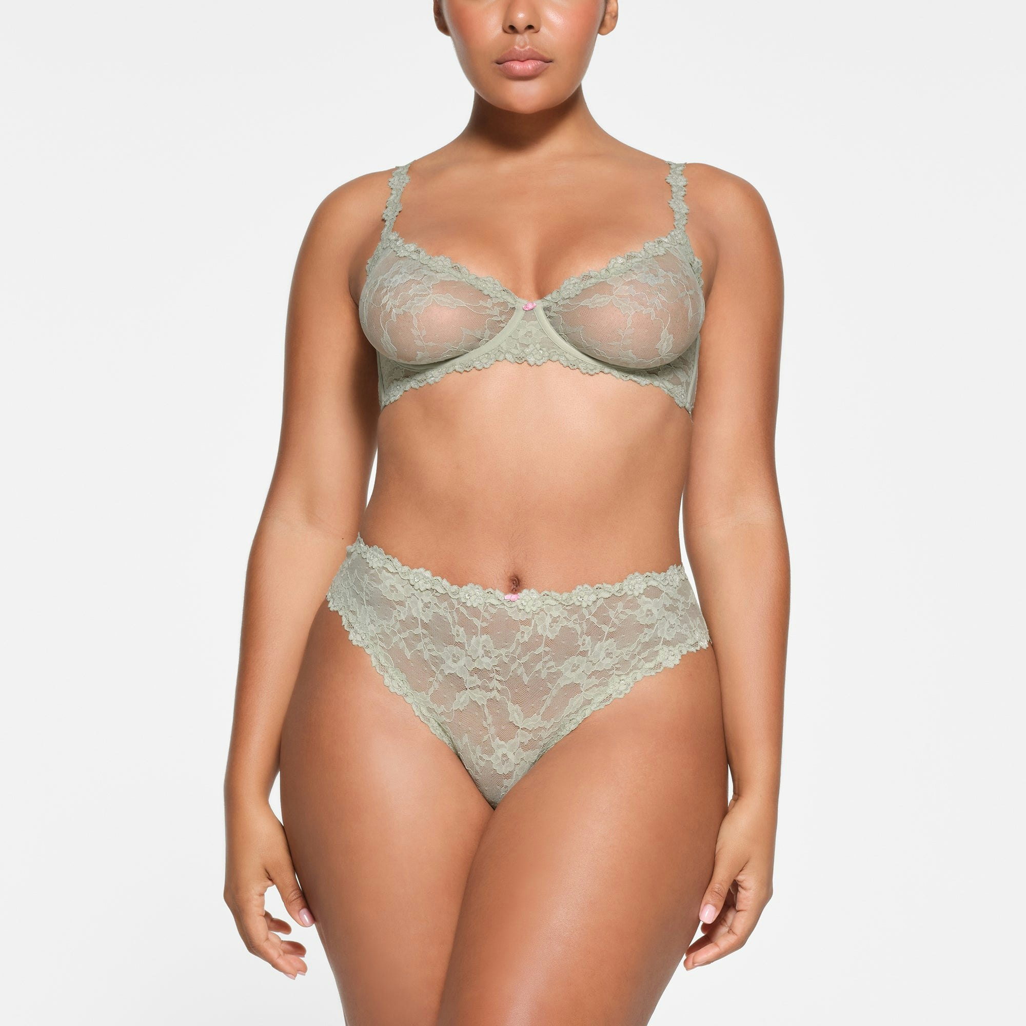 STRETCH LACE UNLINED DEMI BRA | TALC ON A MODEL FRONT VIEW