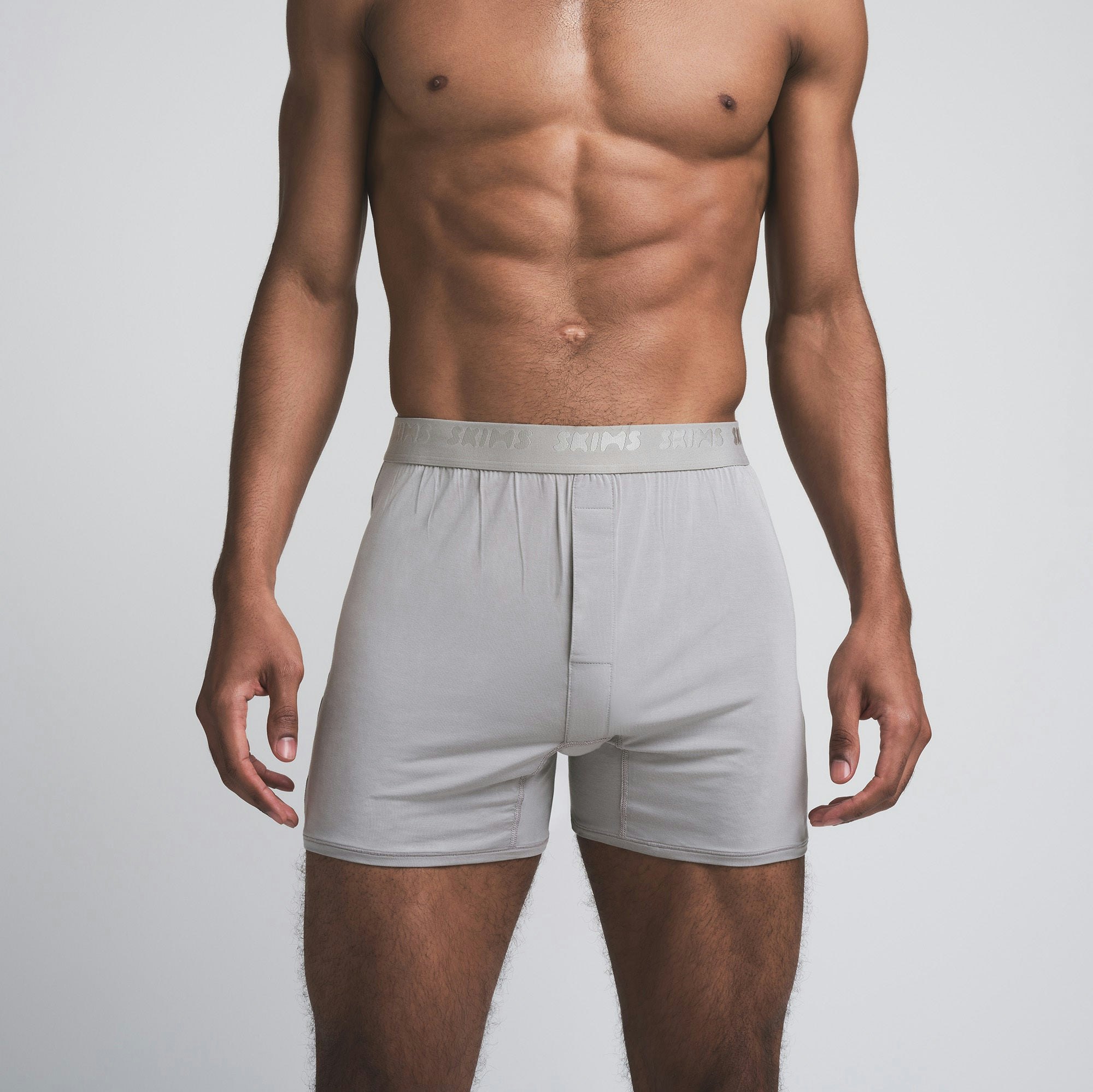 SKIMS STRETCH MENS KNIT BOXER 3-PACK | INDIGO MULTI ON A MODEL FRONT VIEW | FOCUS: 0.0, 1.0, 0.9