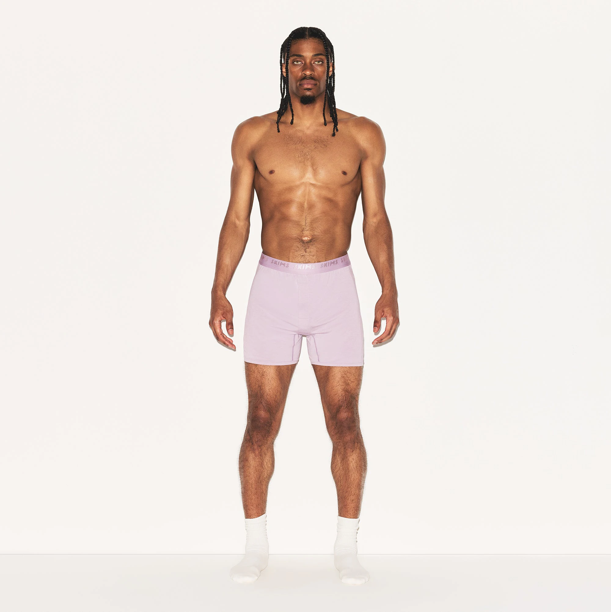 SKIMS STRETCH MENS KNIT BOXER 3-PACK | MELROSE MULTI ON A MODEL FRONT VIEW | FOCUS: 0.0, 1.0, 0.9