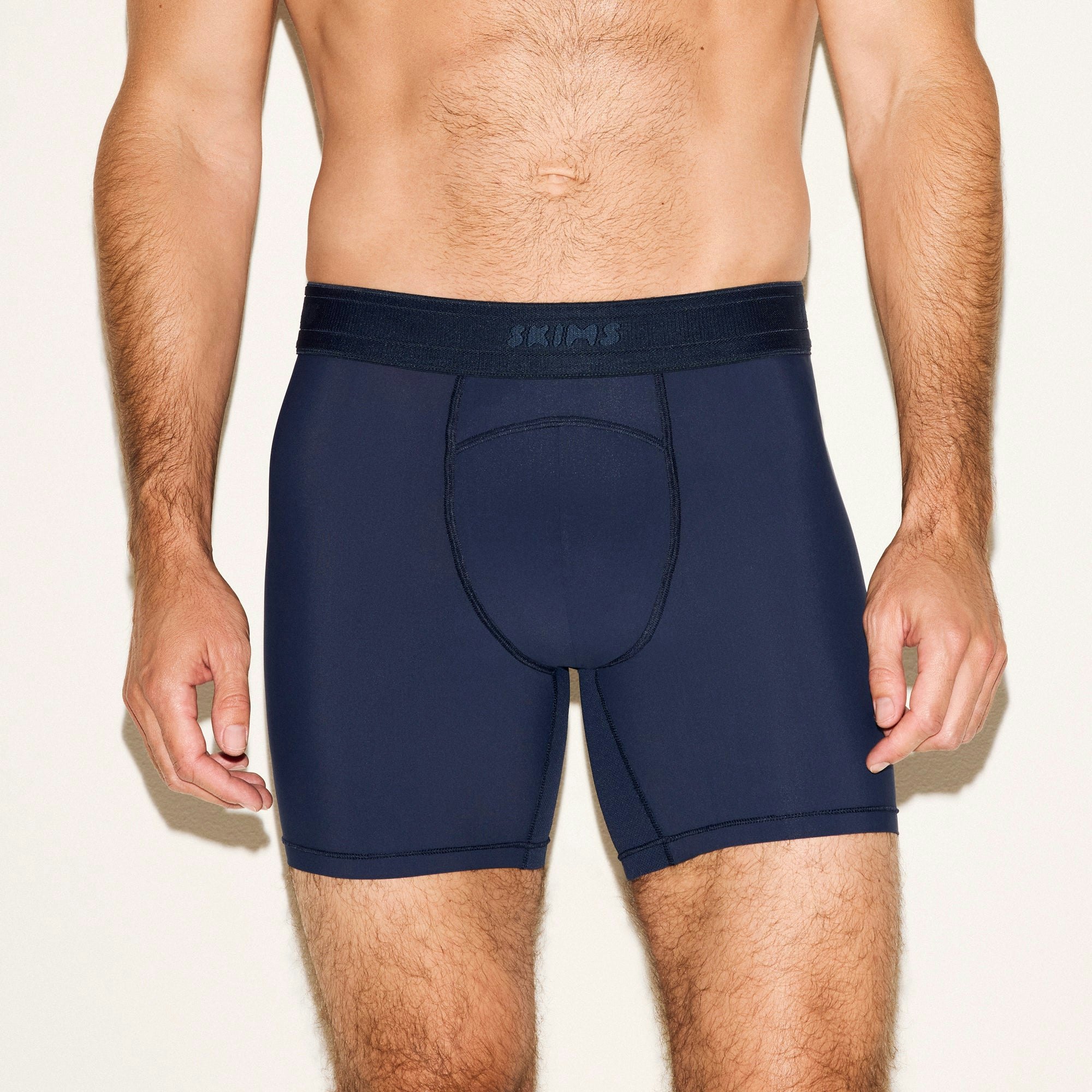 SKIMS SPORT MENS 5 INCH BOXER BRIEF 3-PACK | NAVY SMOKE MULTI ON A MODEL SIDE VIEW | FOCUS: 0.0, 1.0, 0.9