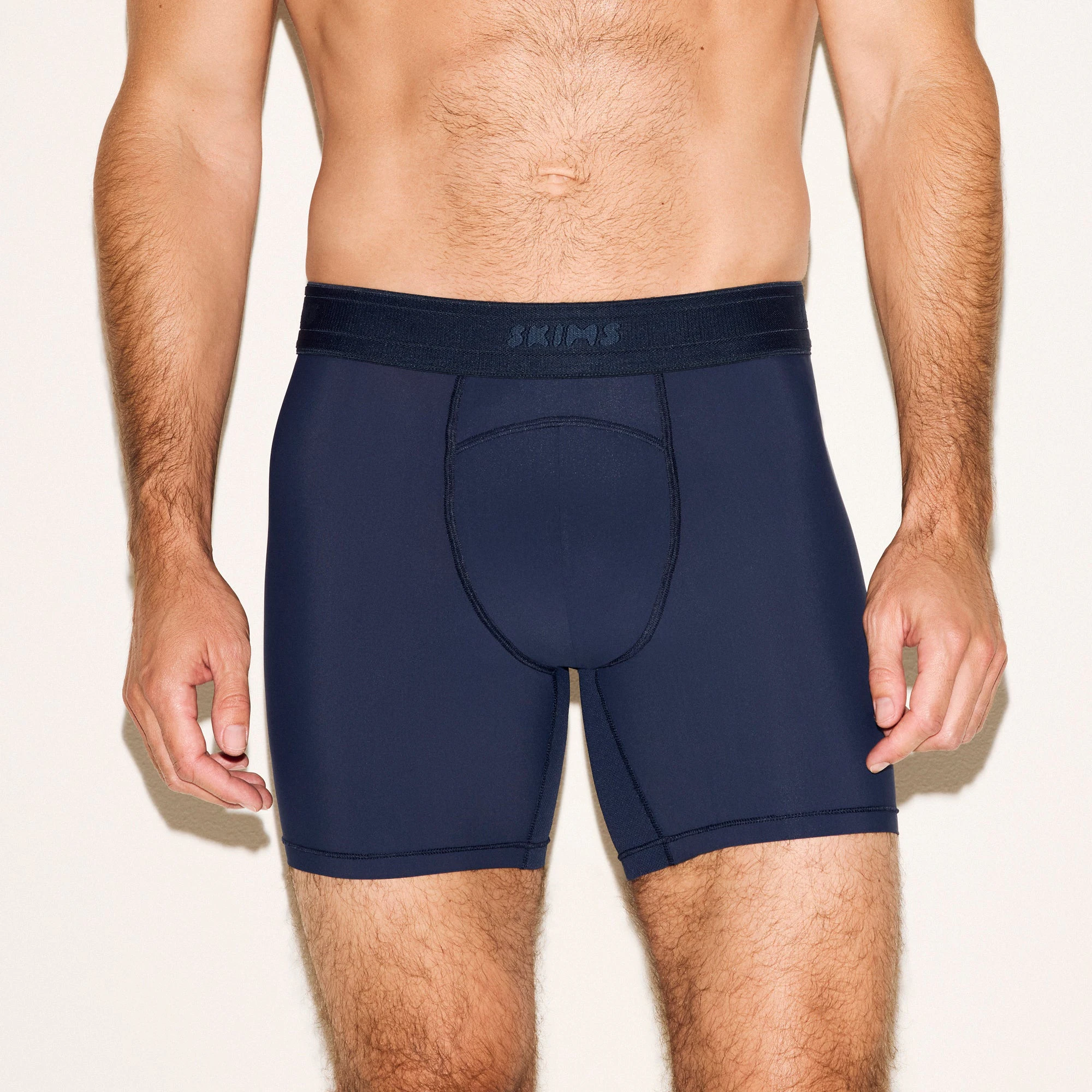 SKIMS SPORT MENS 5 INCH BOXER BRIEF 3-PACK | NAVY SMOKE MULTI ON A MODEL SIDE VIEW | FOCUS: 0.0, 1.0, 0.9