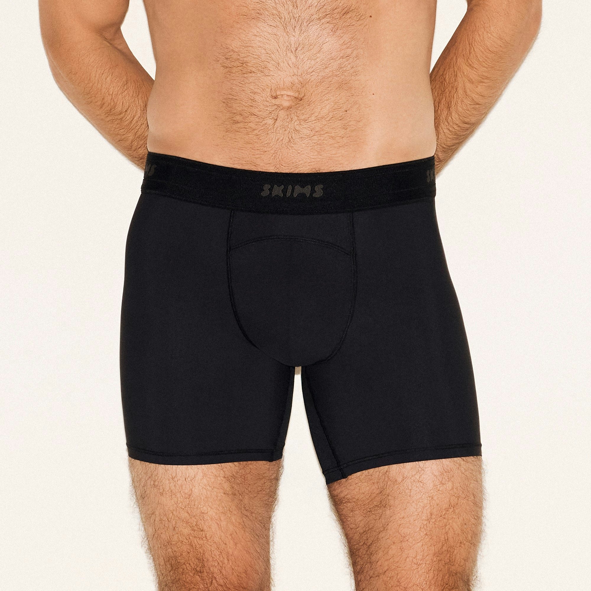 SKIMS SPORT MENS 5 INCH BOXER BRIEF 3-PACK | NAVY SMOKE MULTI ON A MODEL SIDE VIEW | FOCUS: 0.0, 1.0, 0.9