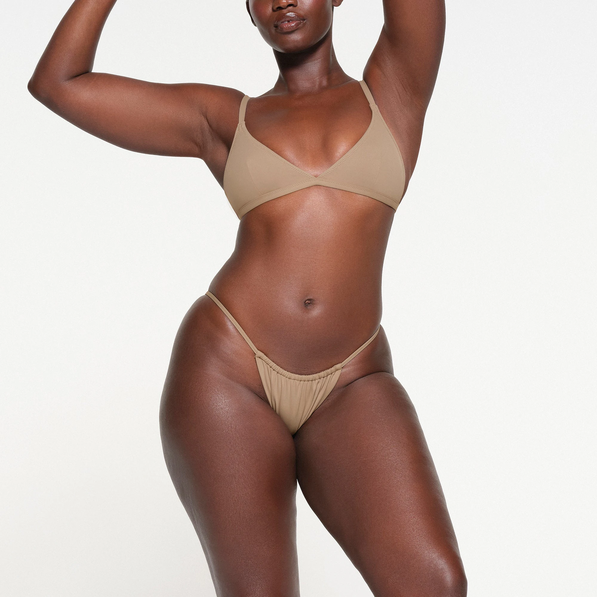 SIGNATURE SWIM STRING BIKINI BOTTOMS | DESERT ON A MODEL FRONT VIEW