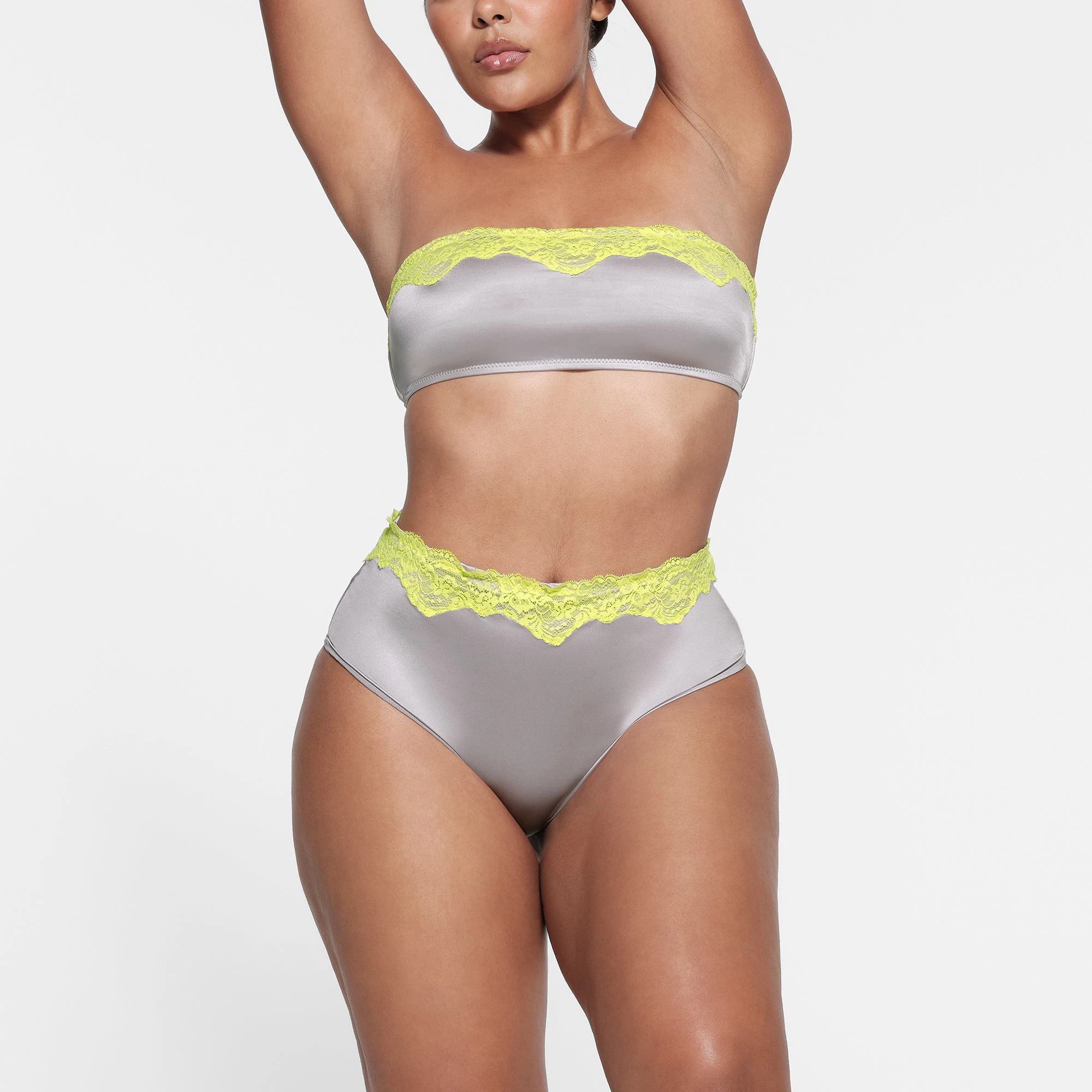 LACE SWIM HIGH-WAISTED BRIEF | CHROME ON A MODEL FRONT VIEW