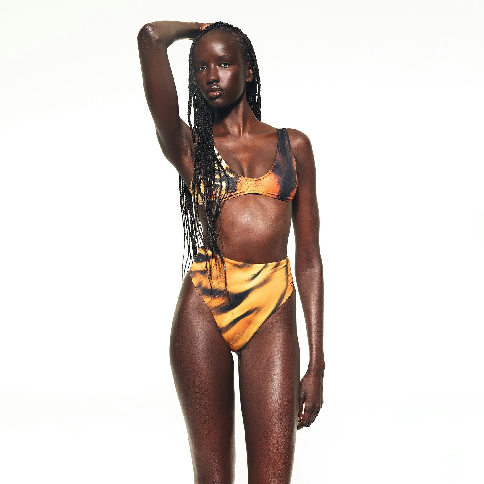 ROBERTO CAVALLI X SKIMS HIGH-WAISTED BIKINI BOTTOM | TIGER FACE PRINT ON A MODEL FRONT VIEW | FOCUS: 0.0, 1.0, 0.9