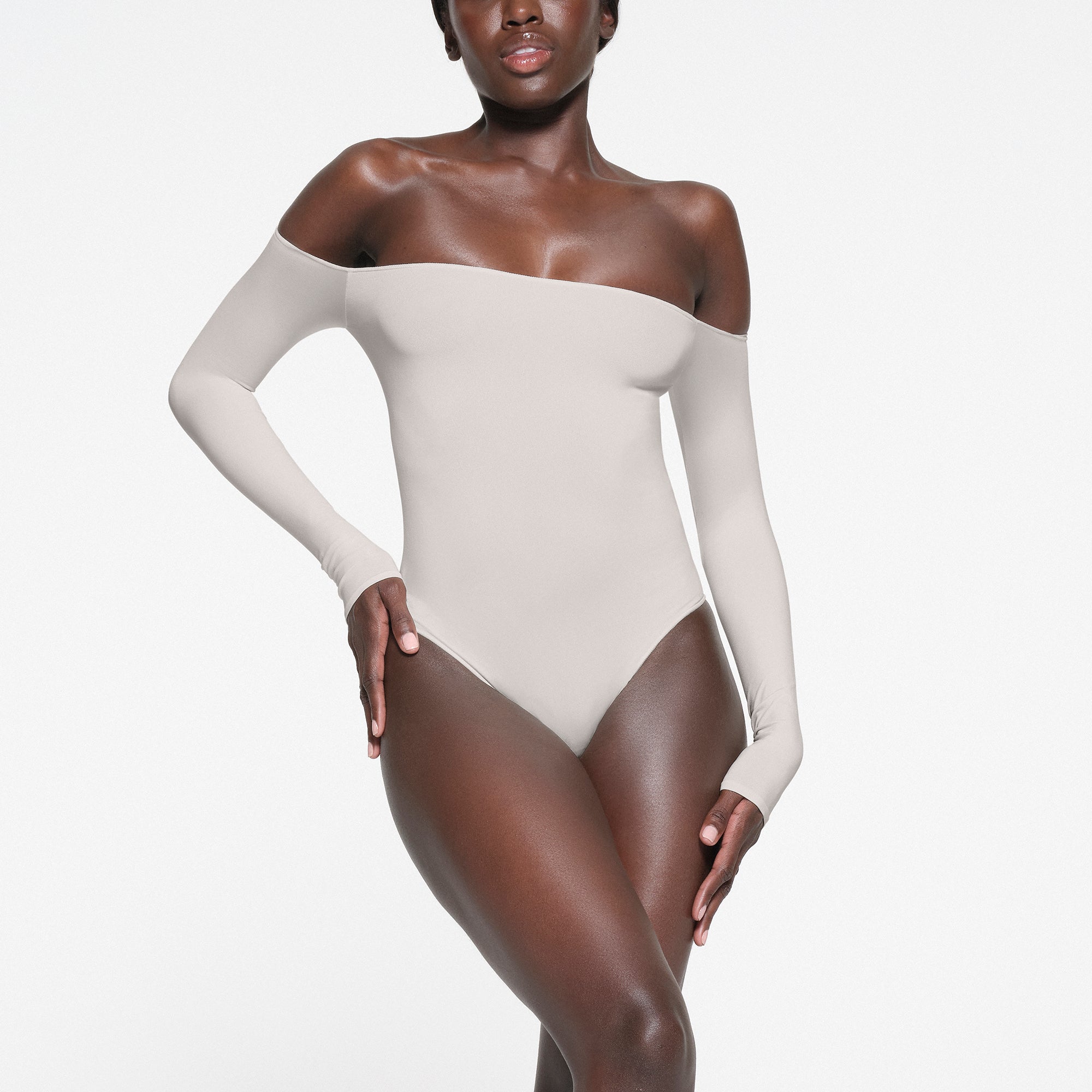 ESSENTIAL OFF THE SHOULDER BODYSUIT STONE