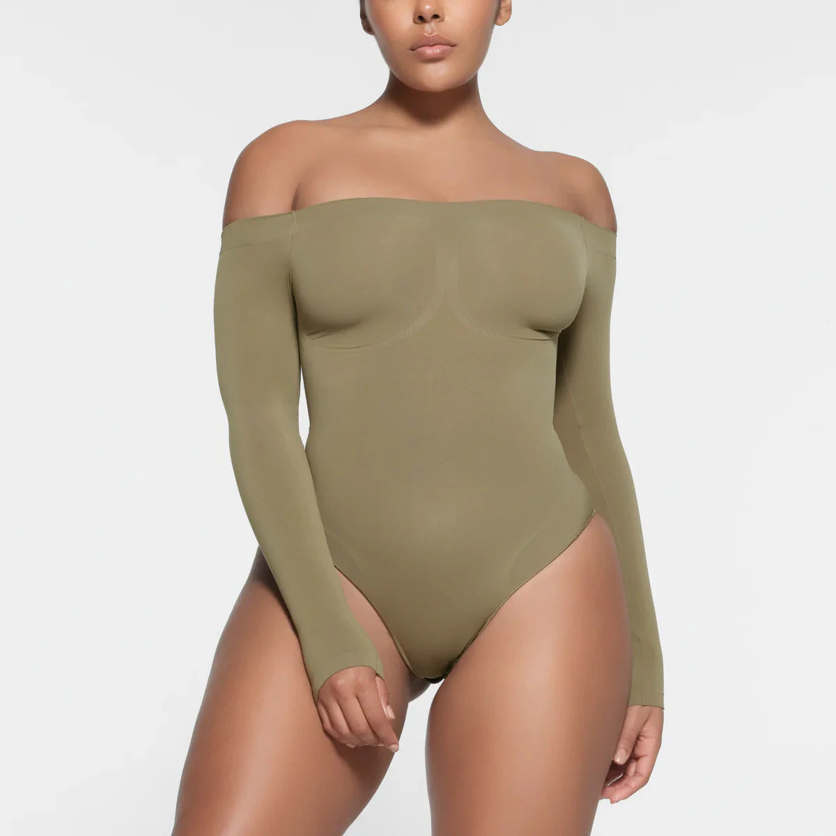 SEAMLESS SCULPT OFF THE SHOULDER BRIEF BODYSUIT | ARMY ON A MODEL FRONT VIEW