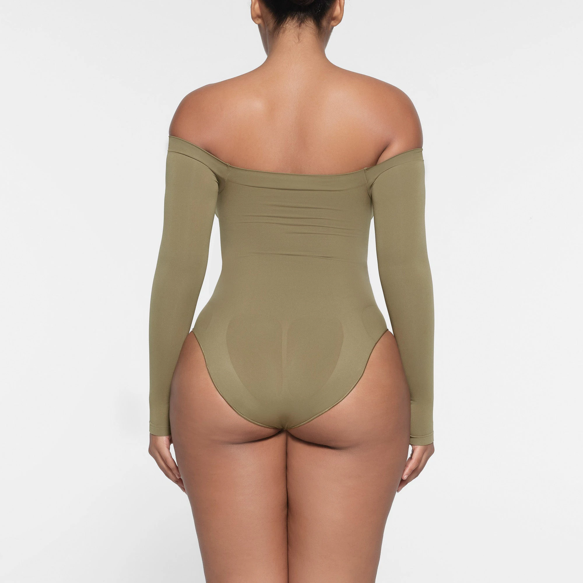 SEAMLESS SCULPT OFF THE SHOULDER BRIEF BODYSUIT | ARMY ON A MODEL BACK VIEW